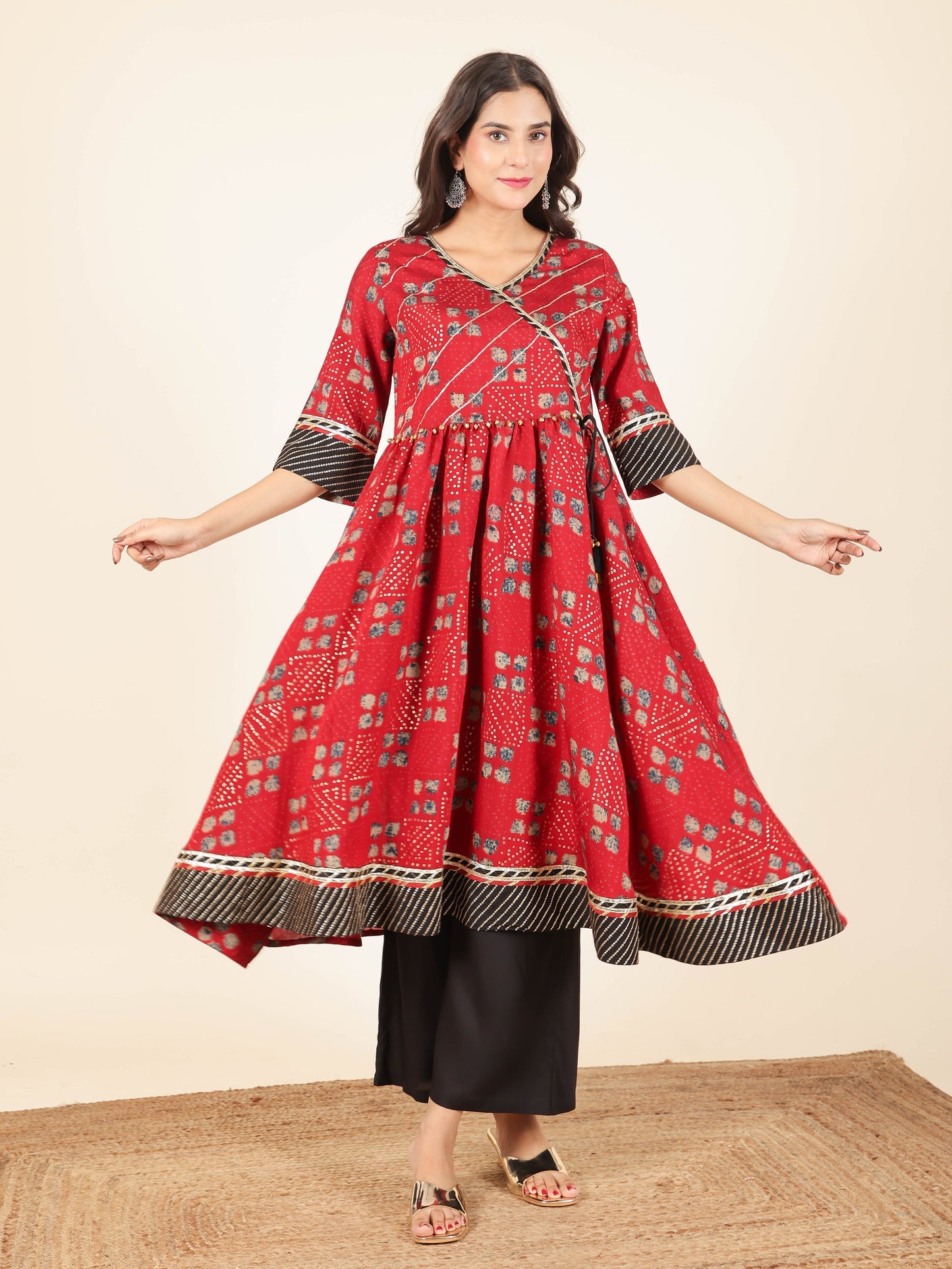 Muslin Bandhani Angrakha Red Kurta