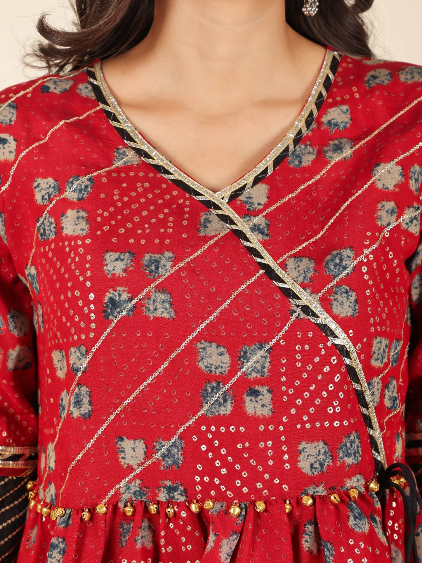 Muslin Bandhani Angrakha Red Kurta