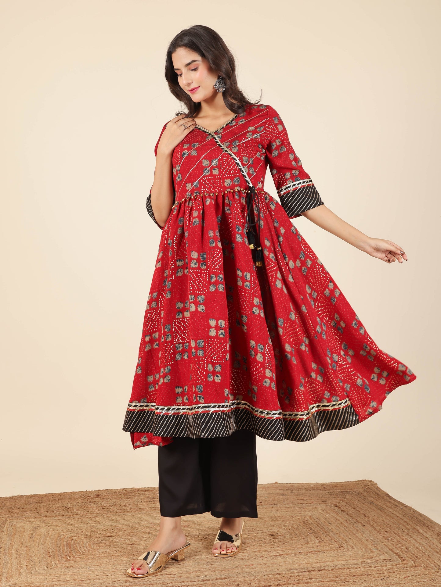 Muslin Bandhani Angrakha Red Kurta