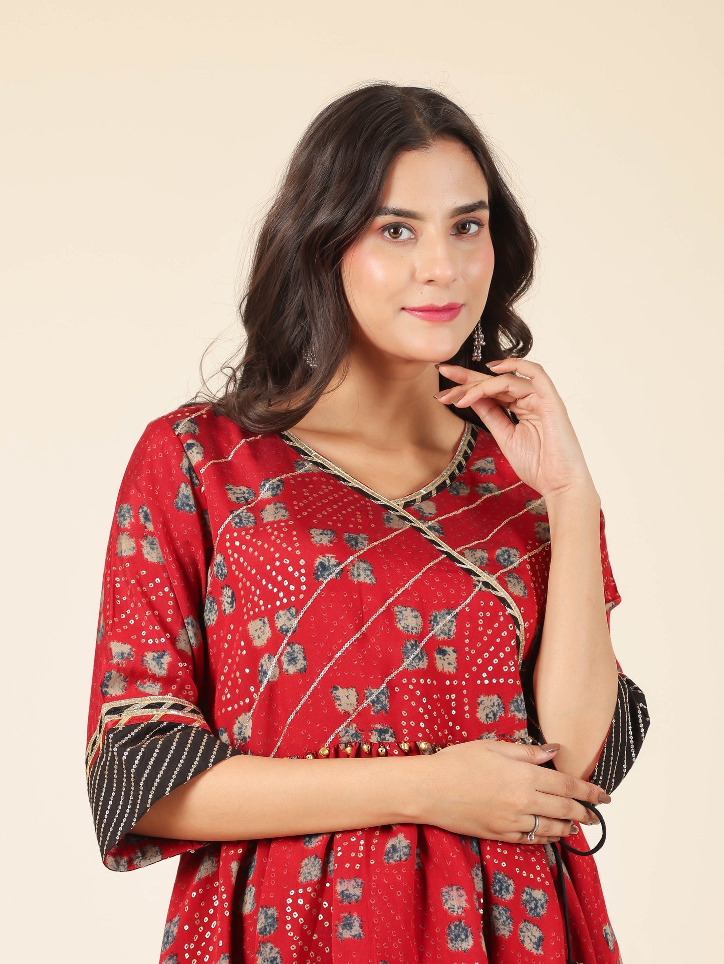 Muslin Bandhani Angrakha Red Kurta