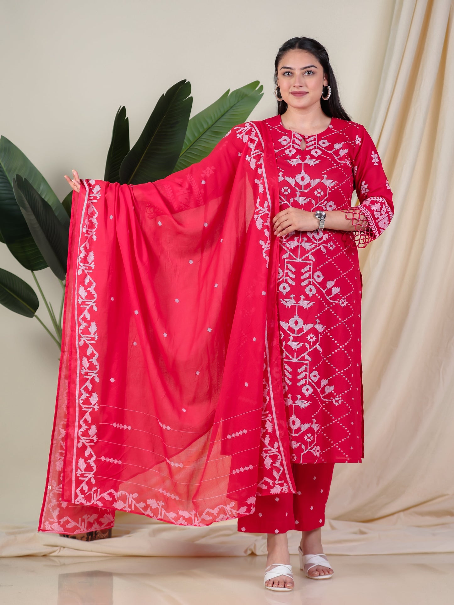 Cotton Voile Butti Red Dupatta