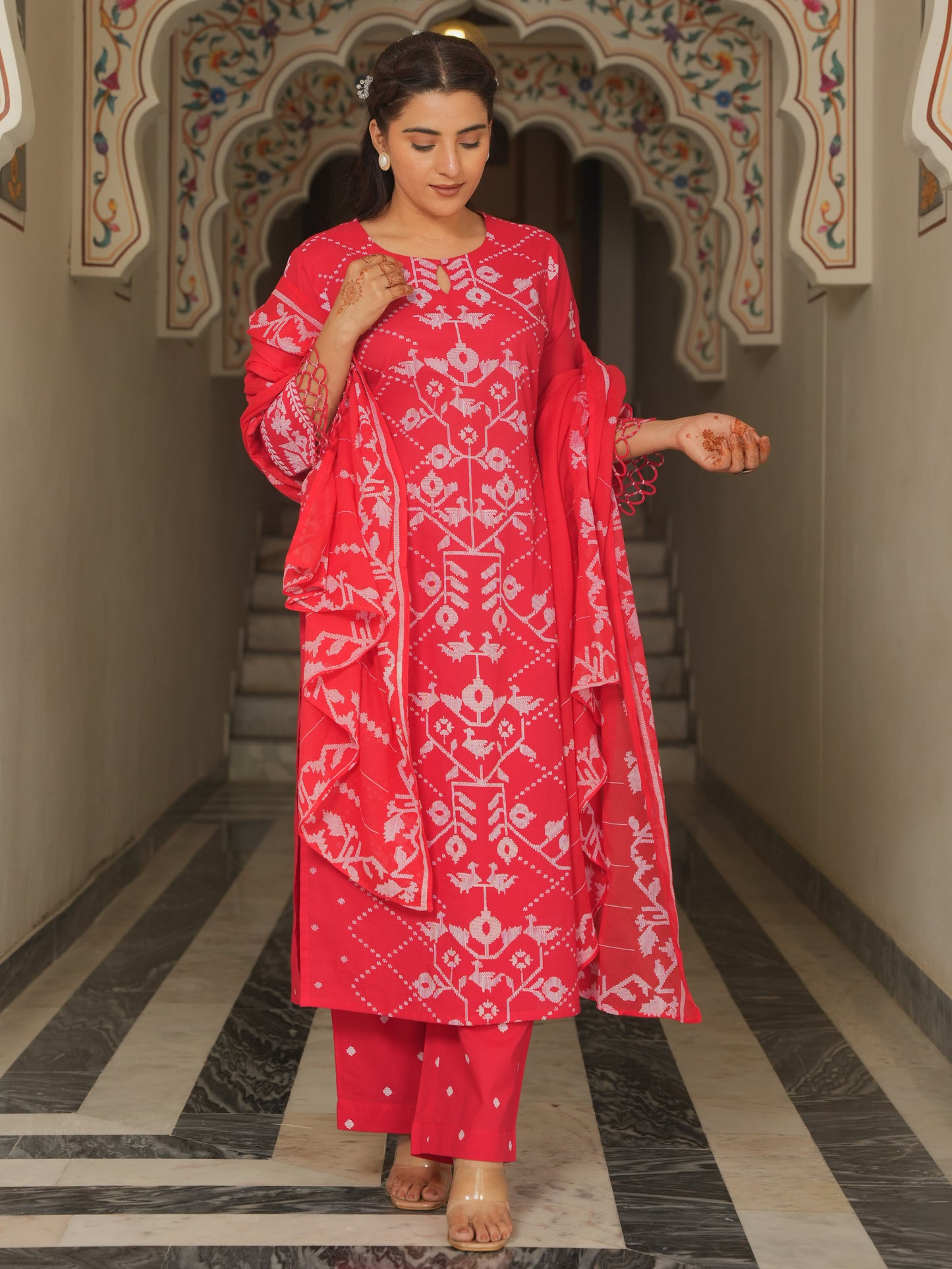 Soft Cotton Placement Print Straight Red Kurta