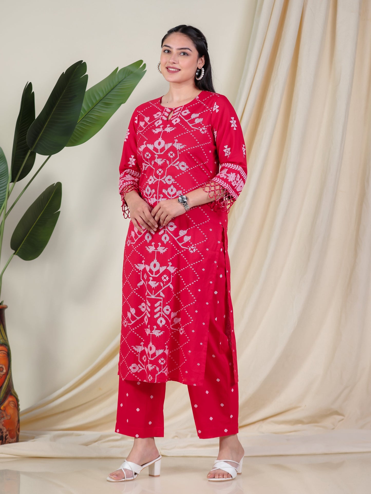 Soft Cotton Placement Print Straight Red Kurta