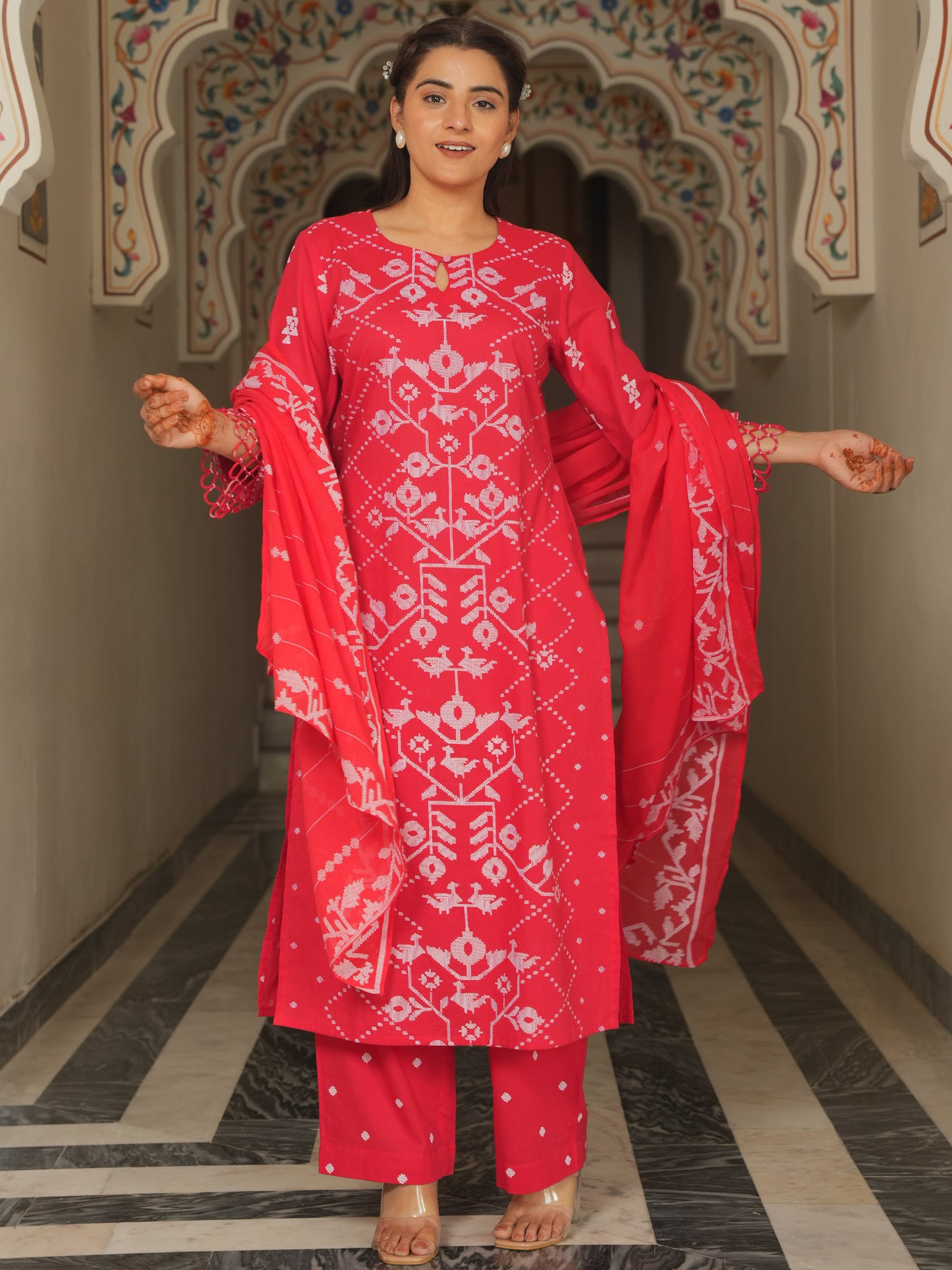 Soft Cotton Placement Print Straight Red Kurta