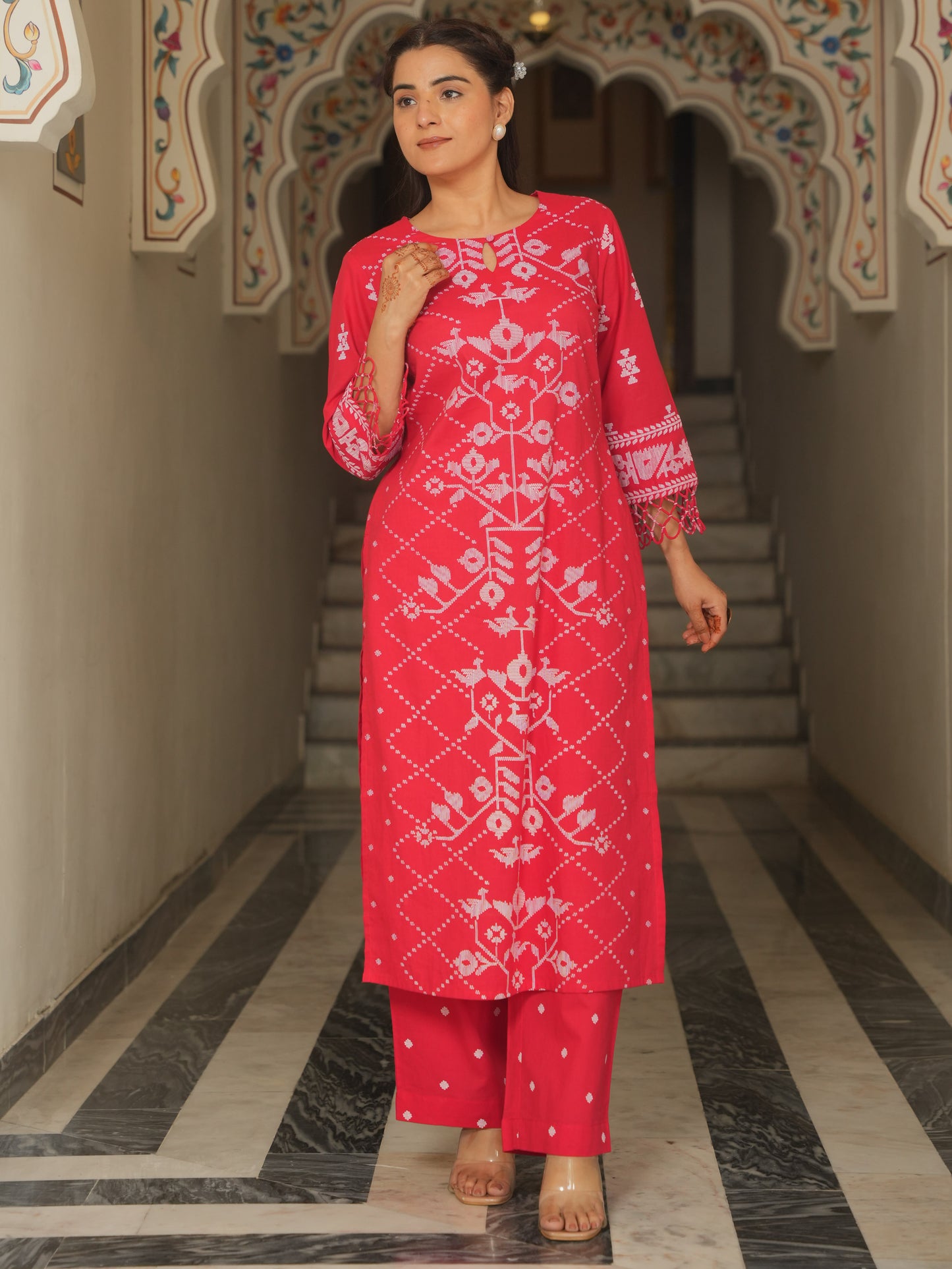 Soft Cotton Placement Print Straight Red Kurta