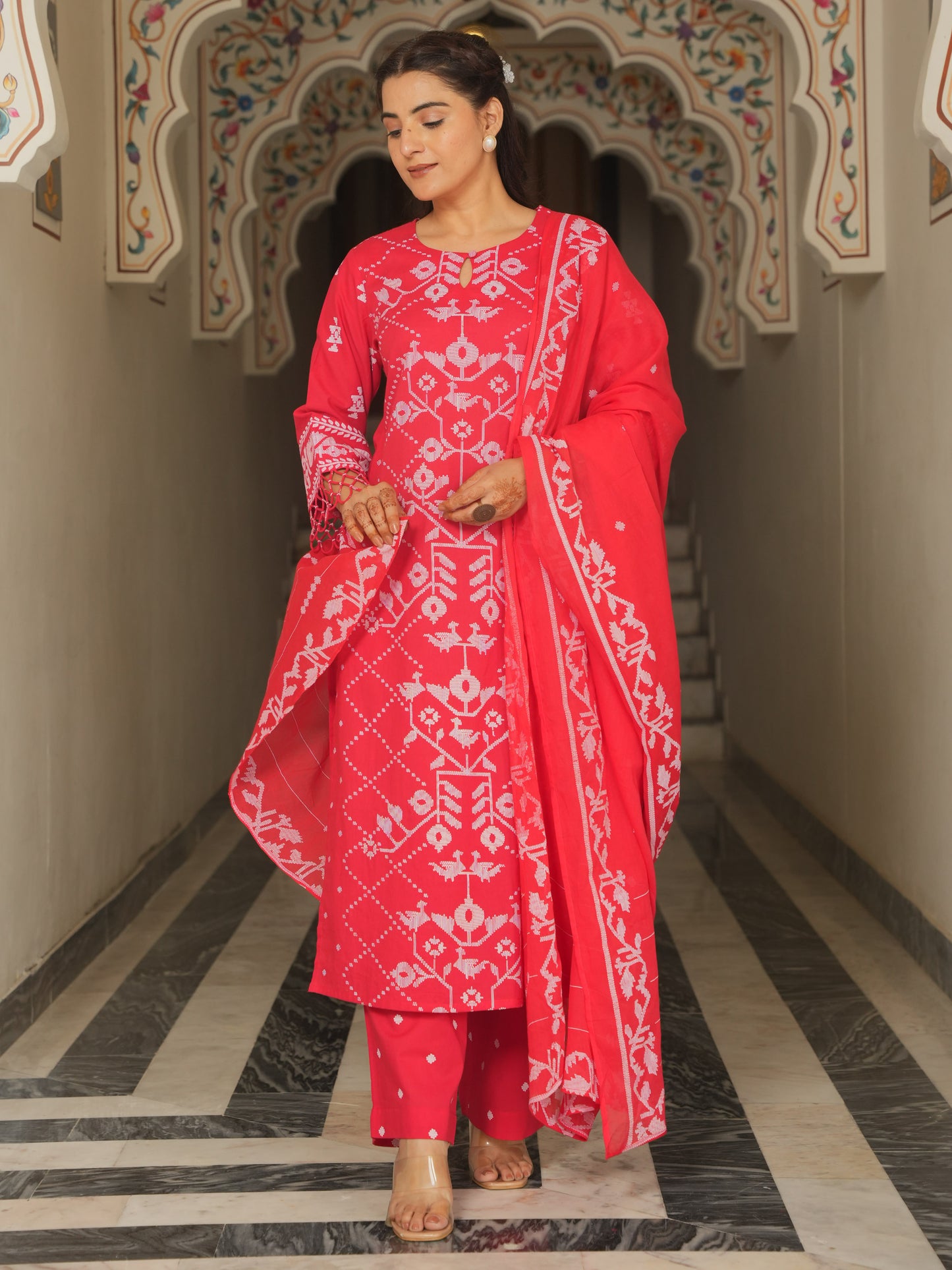 Soft Cotton Placement Print Straight Red Kurta