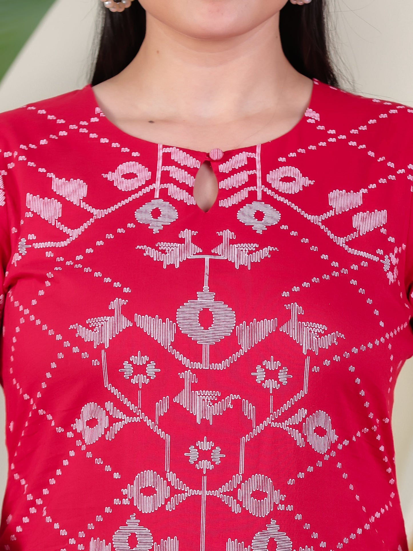 Soft Cotton Placement Print Straight Red Kurta