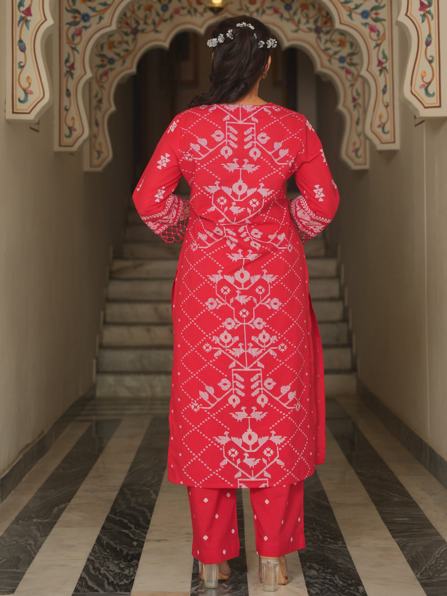 Soft Cotton Placement Print Straight Red Kurta
