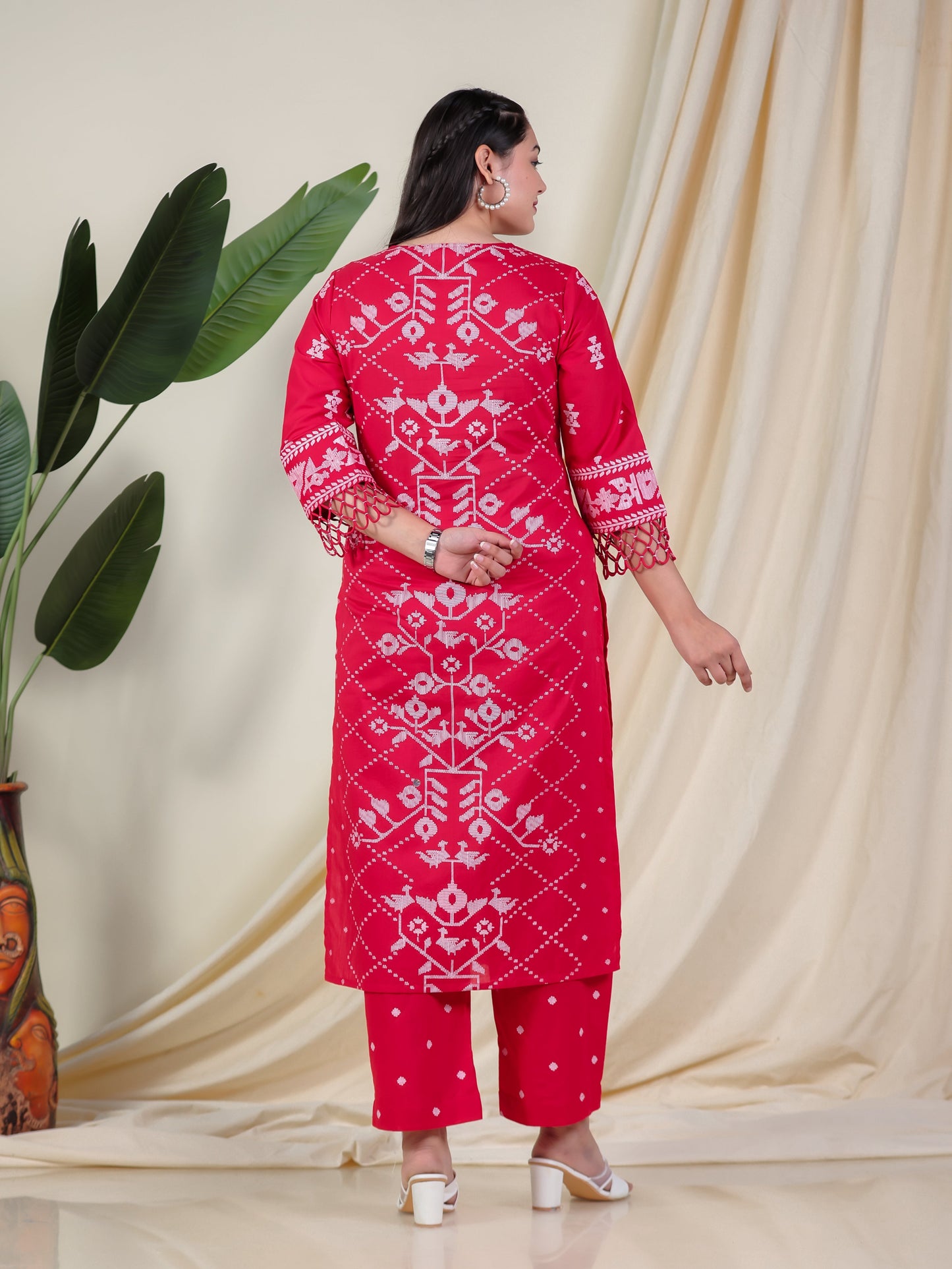 Soft Cotton Placement Print Straight Red Kurta
