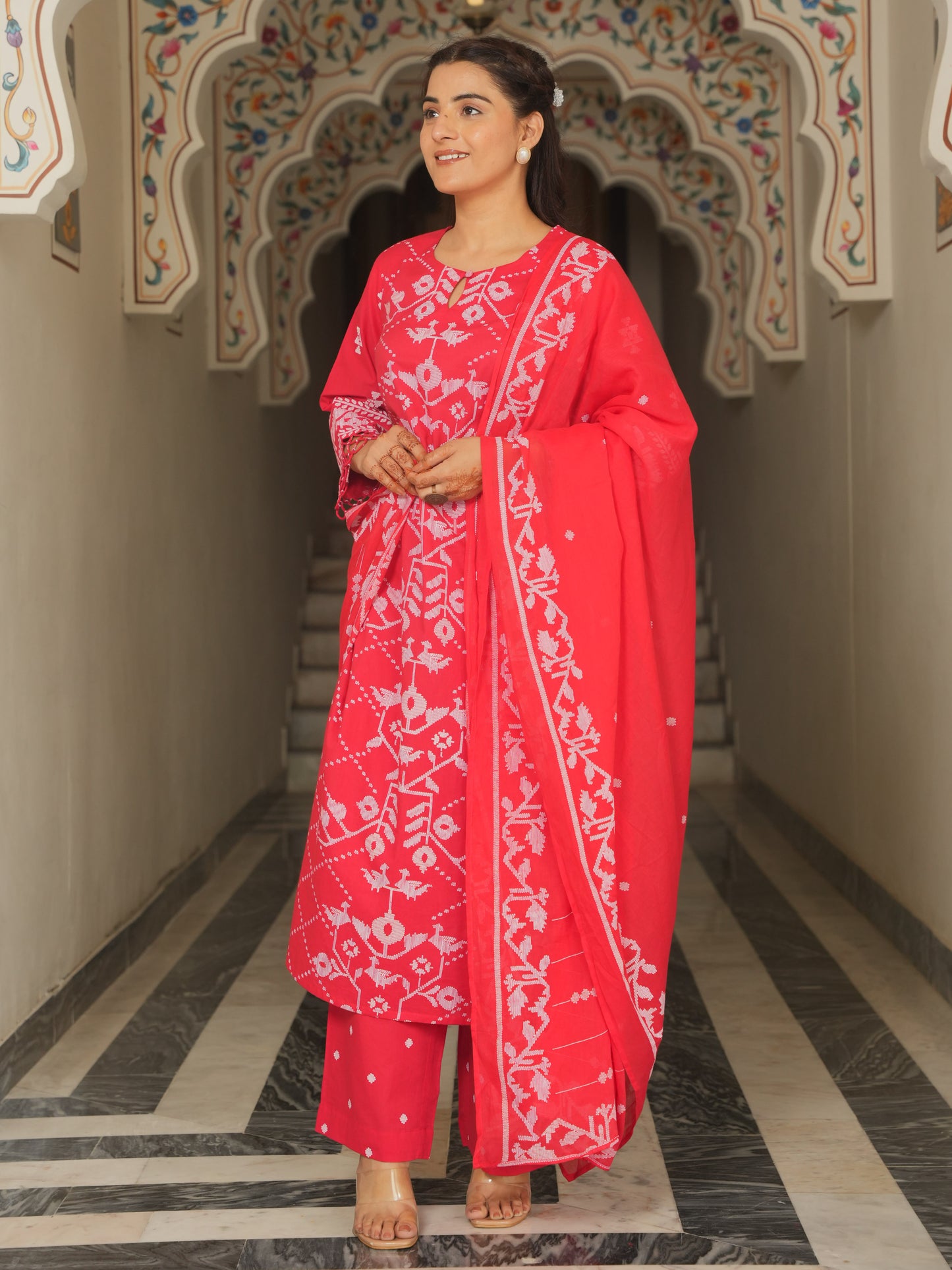 Soft Cotton Placement Print Straight Red Kurta