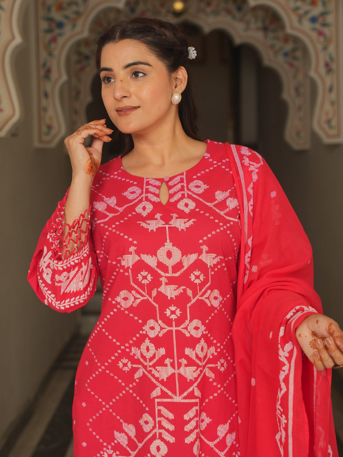 Soft Cotton Placement Print Straight Red Kurta