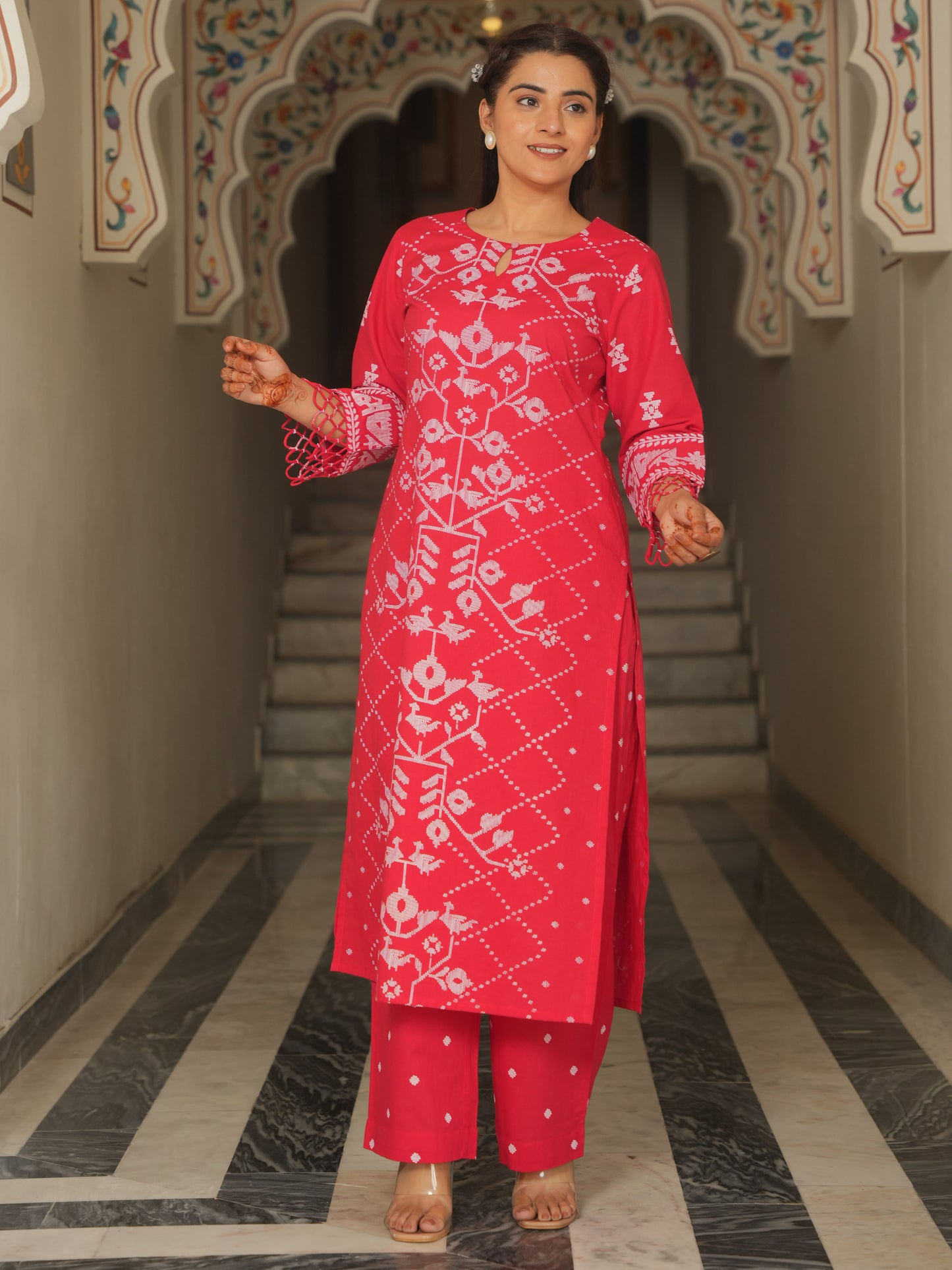 Soft Cotton Placement Print Straight Red Kurta