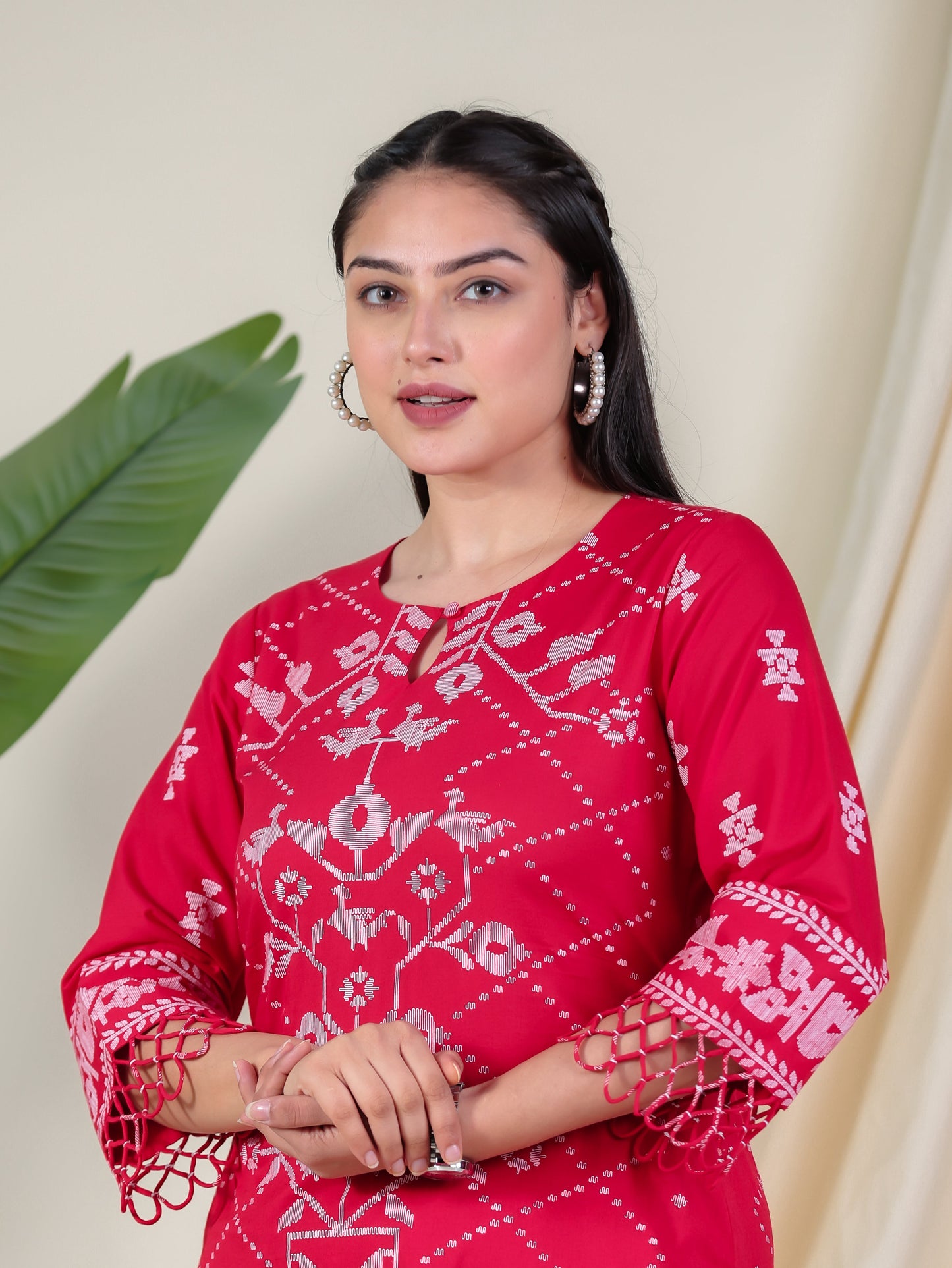 Soft Cotton Placement Print Straight Red Kurta