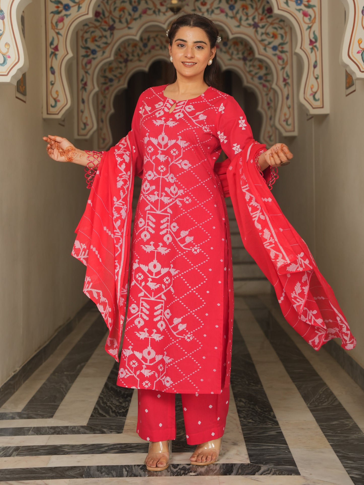 Soft Cotton Placement Print Straight Red Kurta