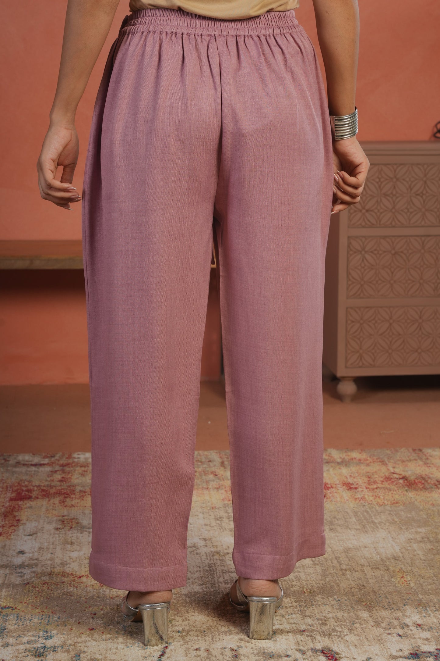 Blended Silk Solid Peach Straight Trousers
