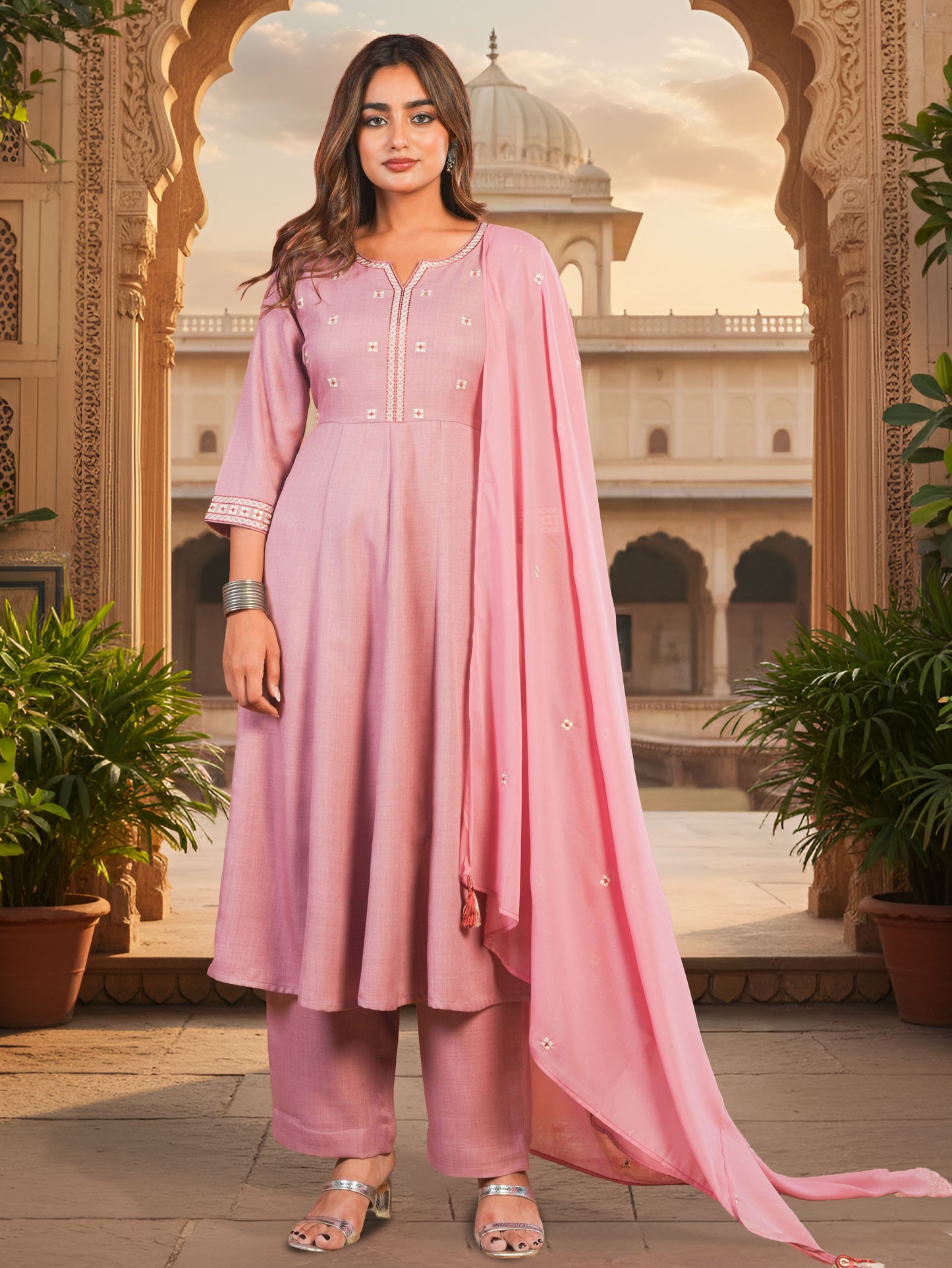 Embroidered Blended Silk Solid Anarkali Peach Kurta