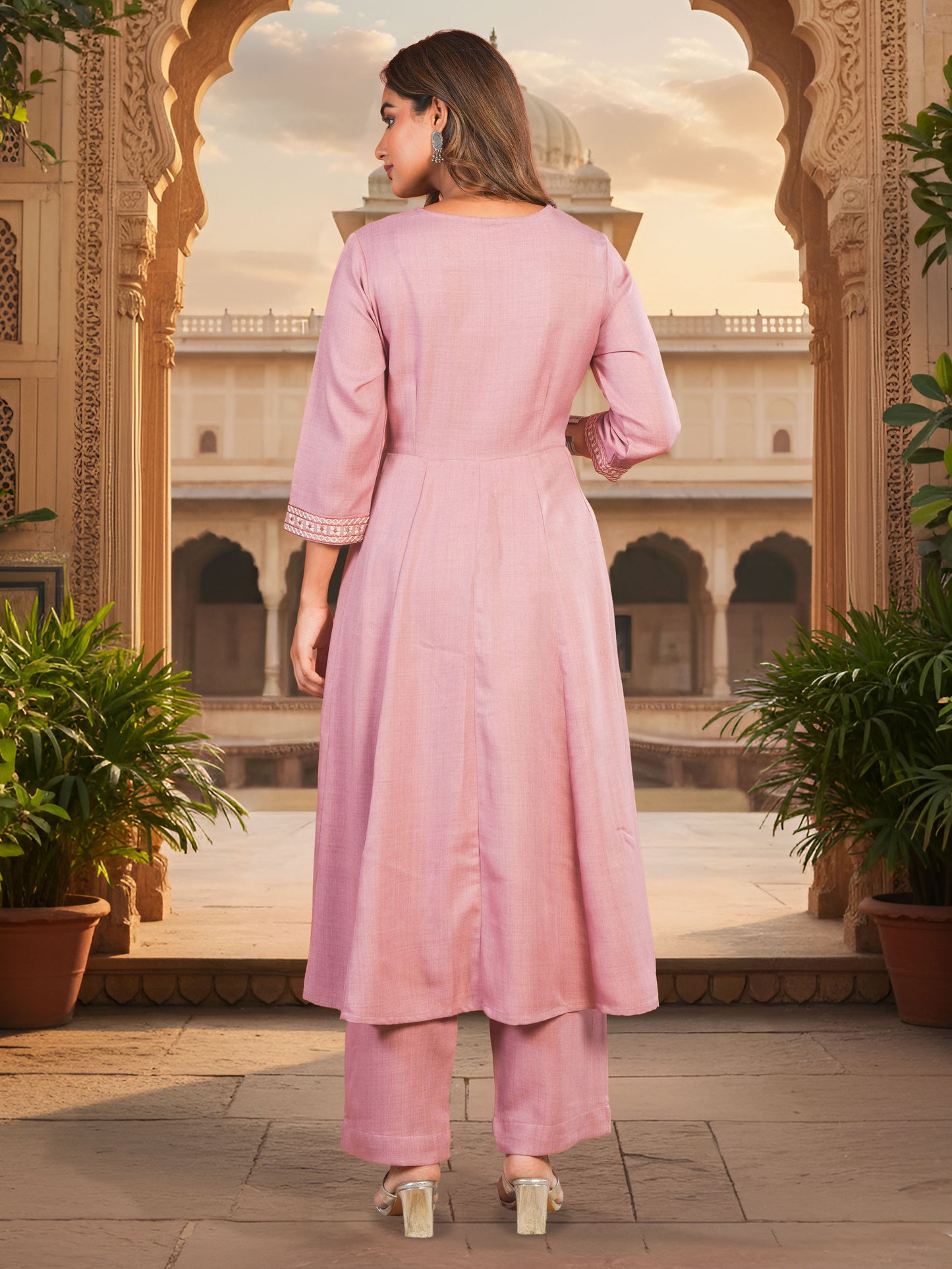 Embroidered Blended Silk Solid Anarkali Peach Kurta