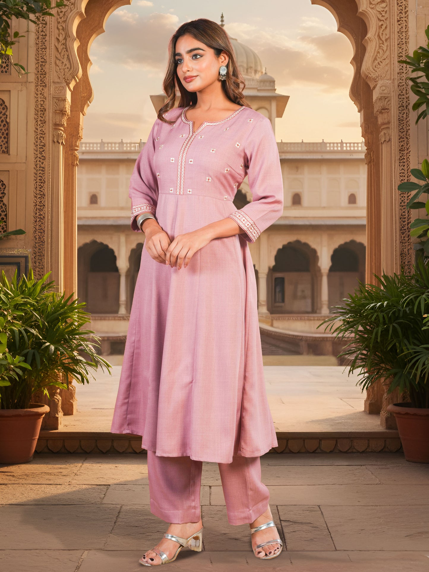 Embroidered Blended Silk Solid Anarkali Peach Kurta