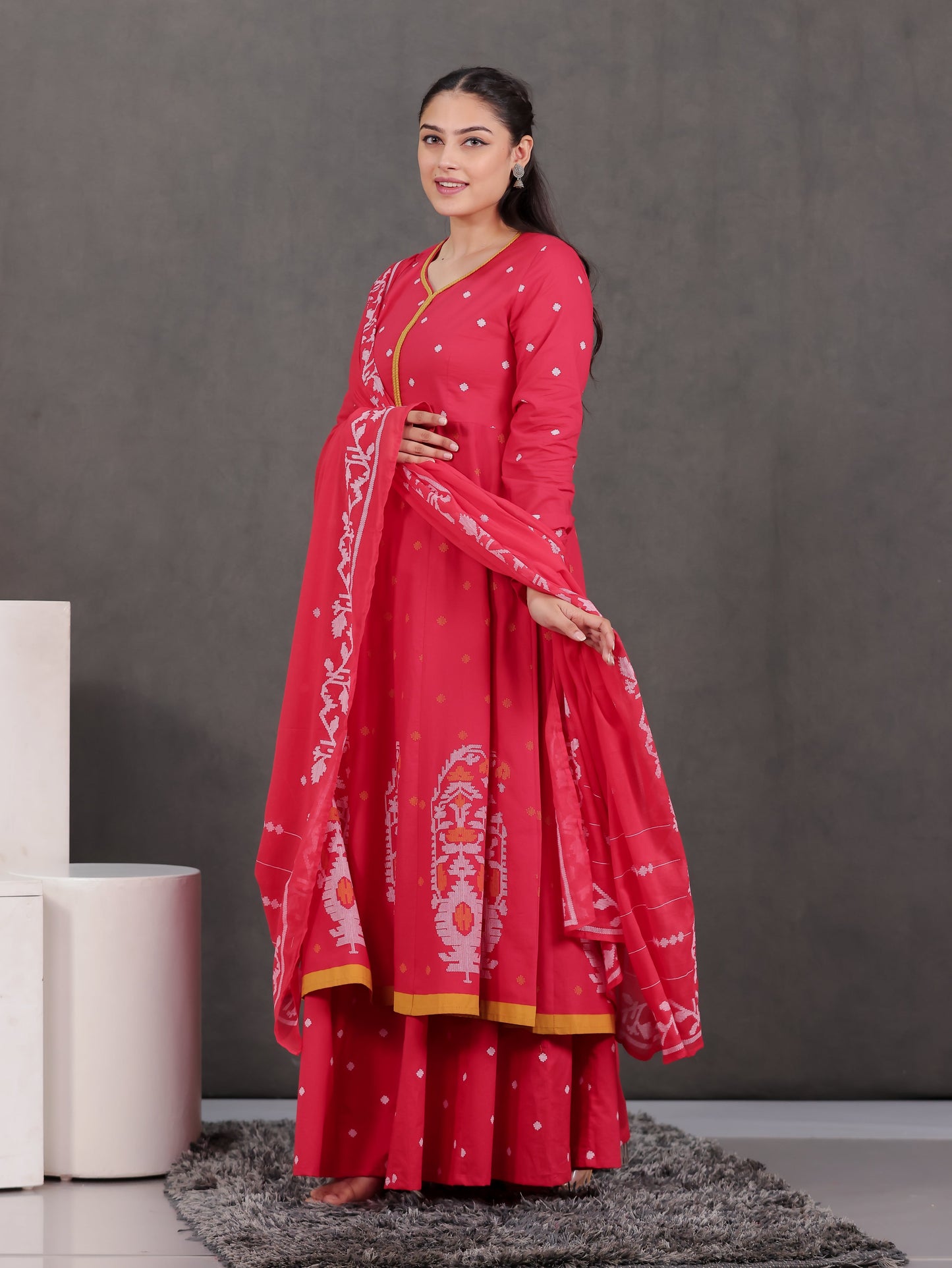 Cotton Voile Geometric Red Dupatta