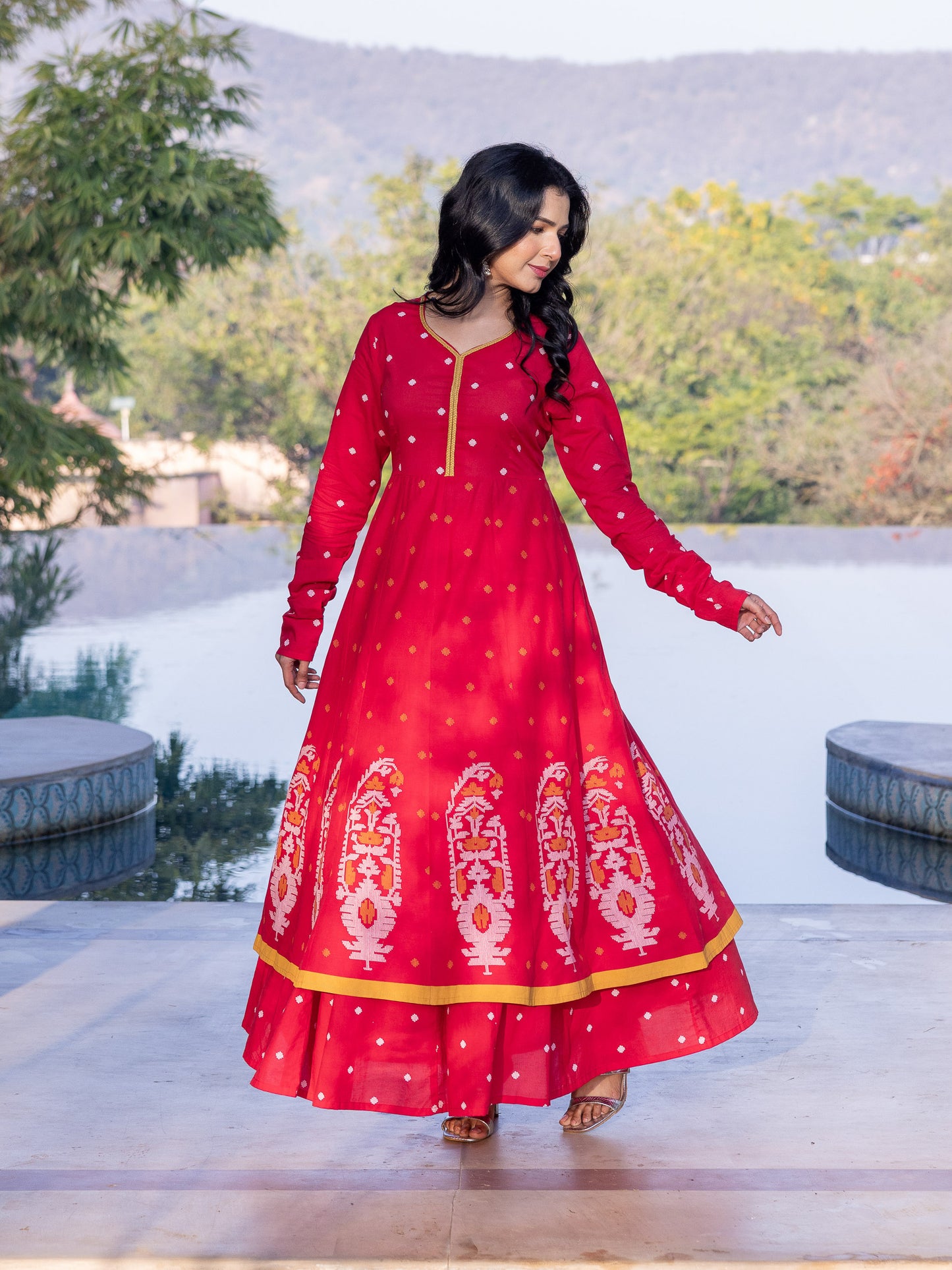 Embroidered Soft Cotton Geometric Anarkali Red Kurta