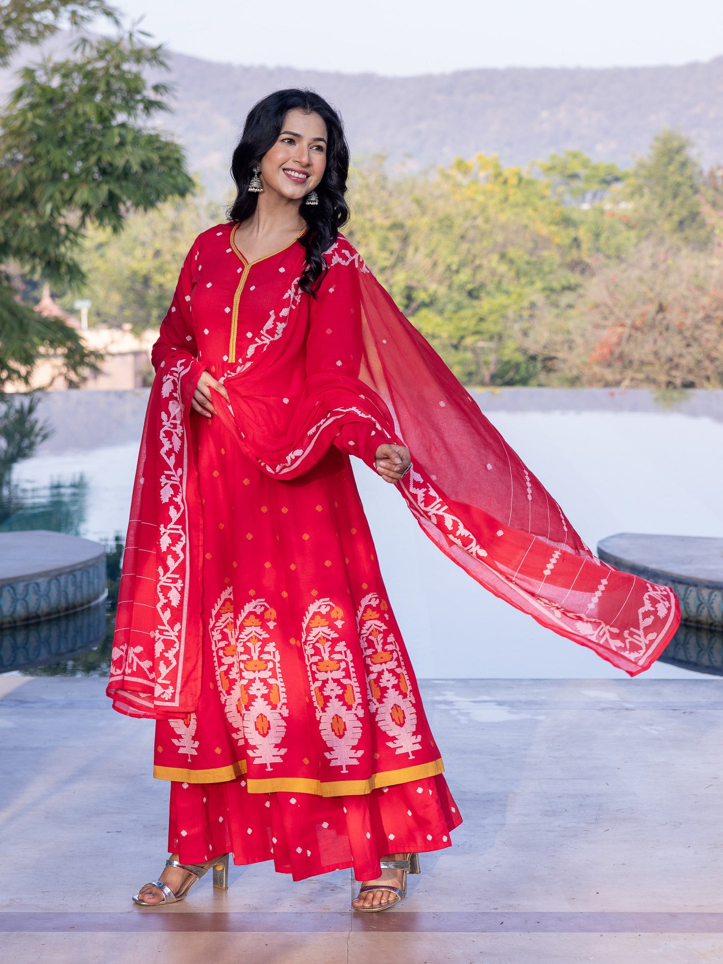 Embroidered Soft Cotton Geometric Anarkali Red Kurta