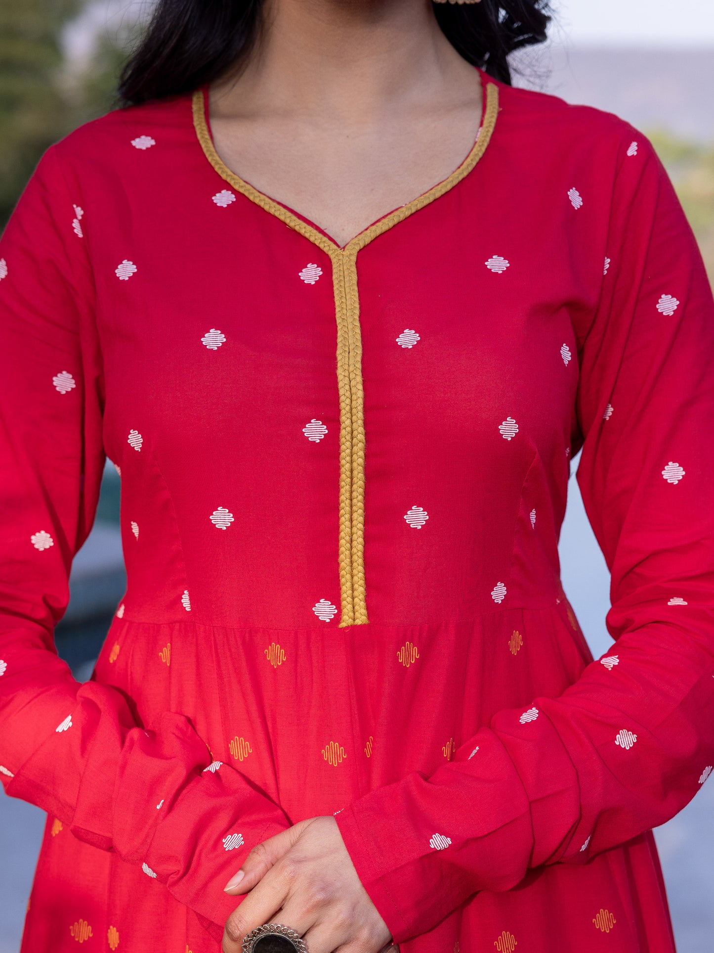 Embroidered Soft Cotton Geometric Anarkali Red Kurta