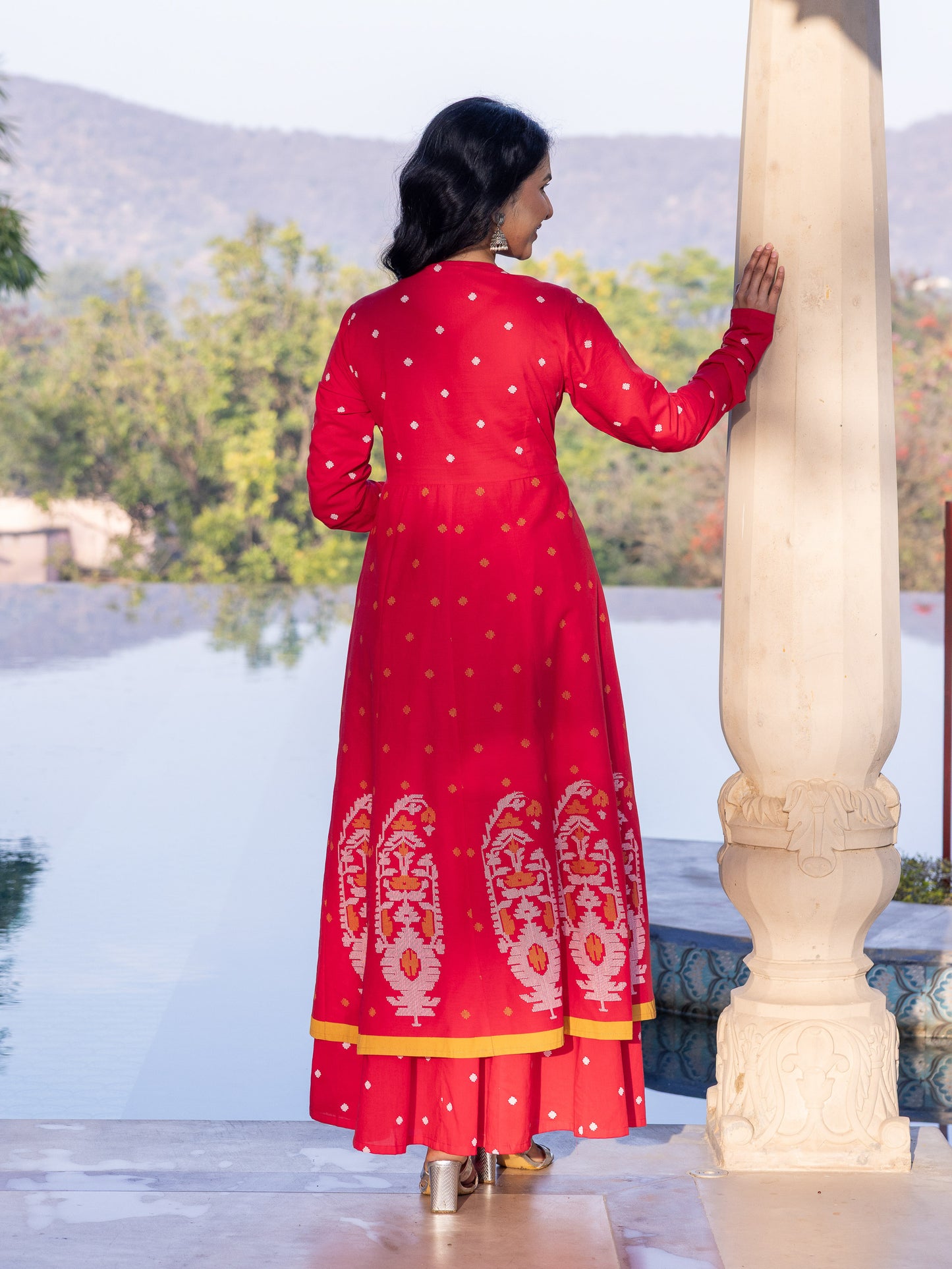 Embroidered Soft Cotton Geometric Anarkali Red Kurta