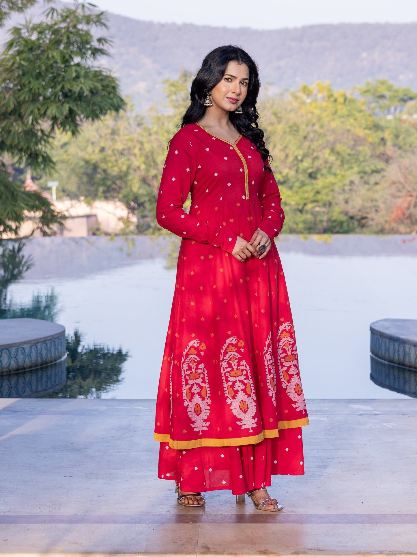 Embroidered Soft Cotton Geometric Anarkali Red Kurta