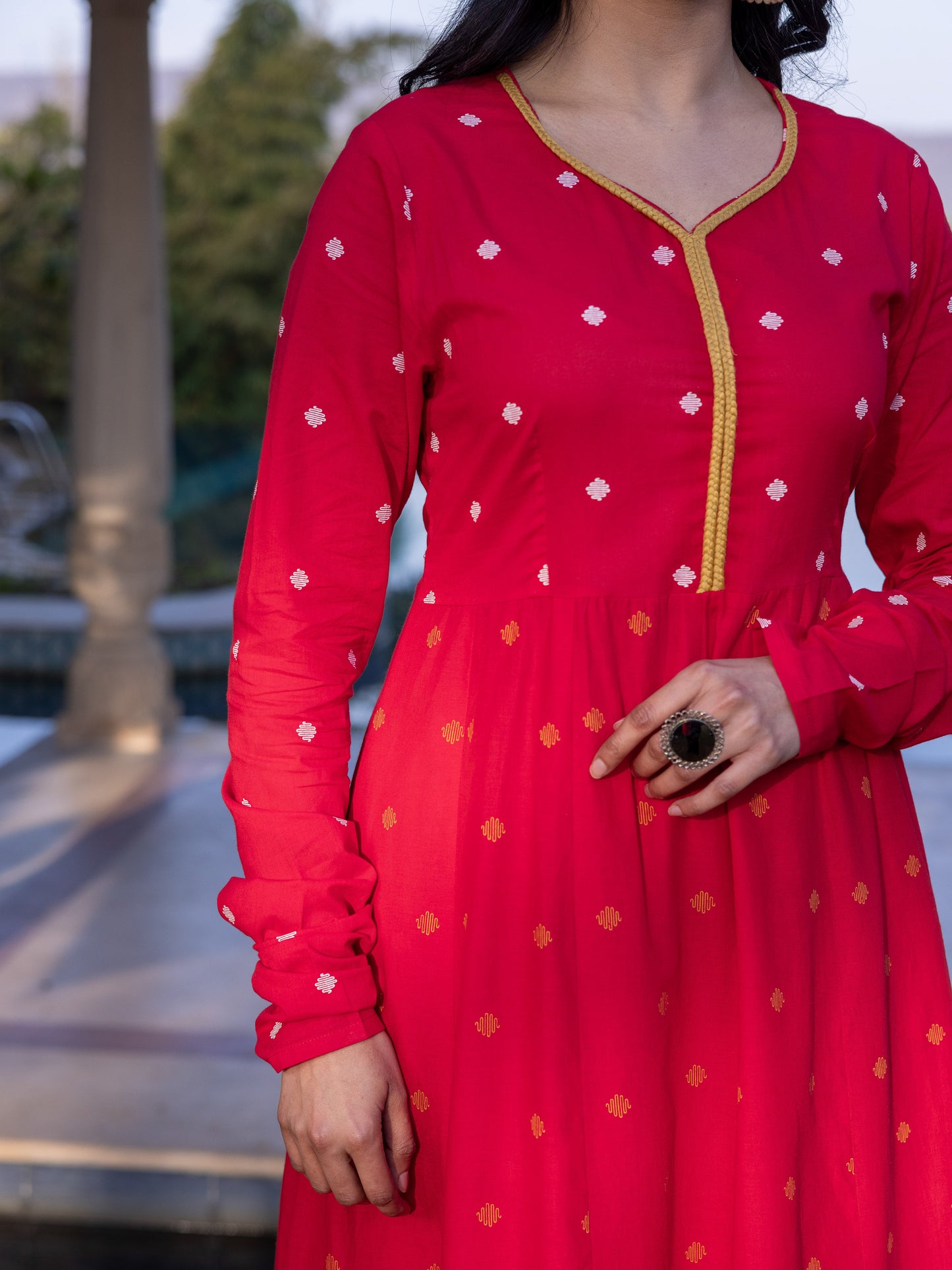 Embroidered Soft Cotton Geometric Anarkali Red Kurta