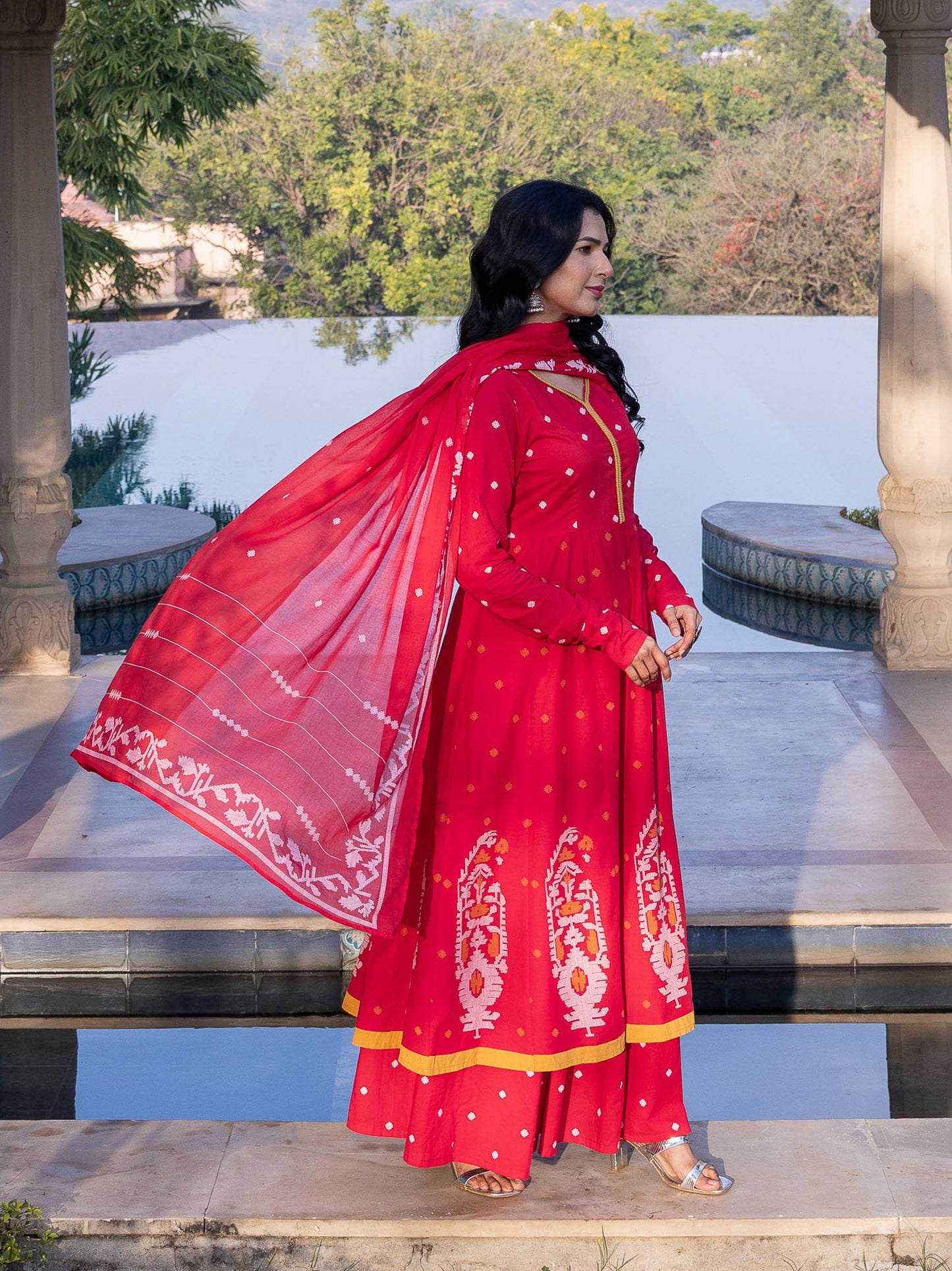 Embroidered Soft Cotton Geometric Anarkali Red Kurta