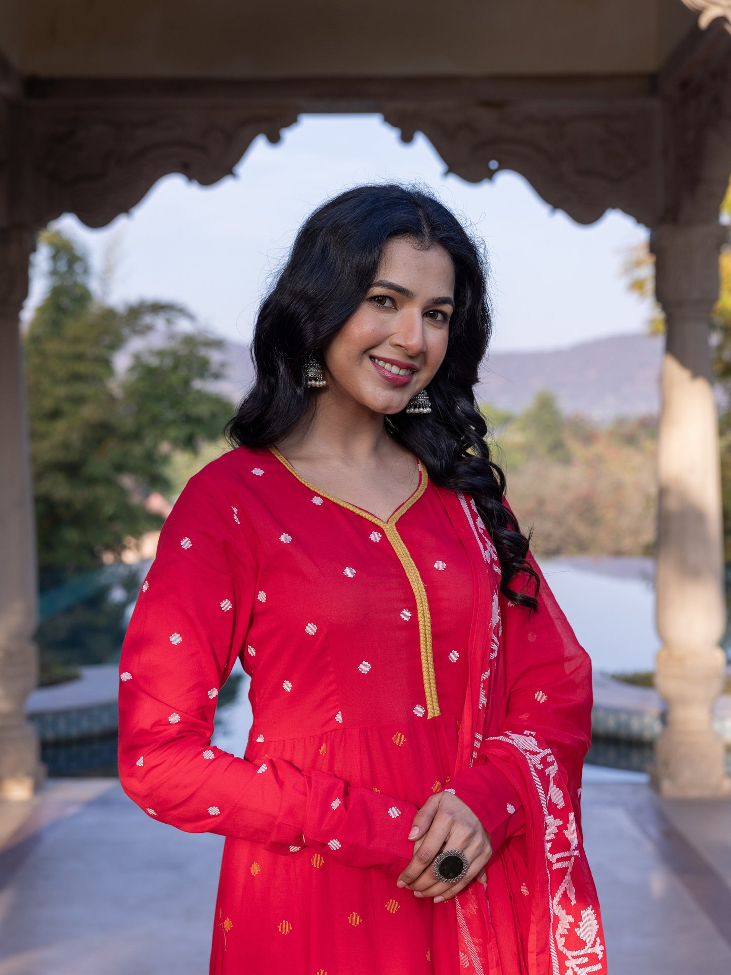 Embroidered Soft Cotton Geometric Anarkali Red Kurta