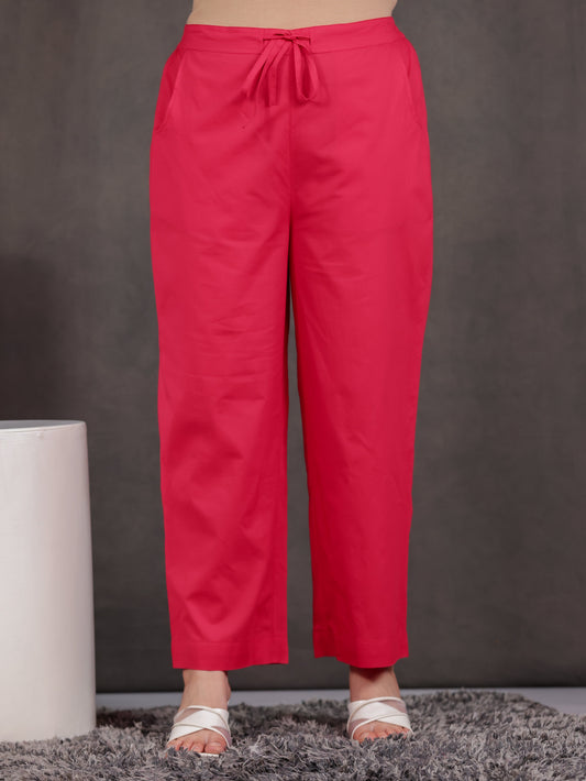 Soft Cotton Solid Red Straight Trousers