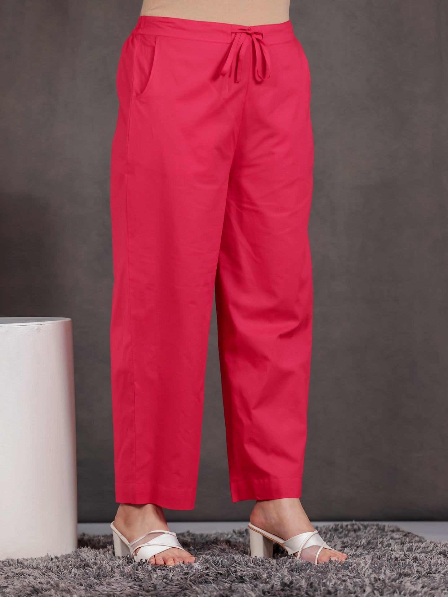 Soft Cotton Solid Red Straight Trousers