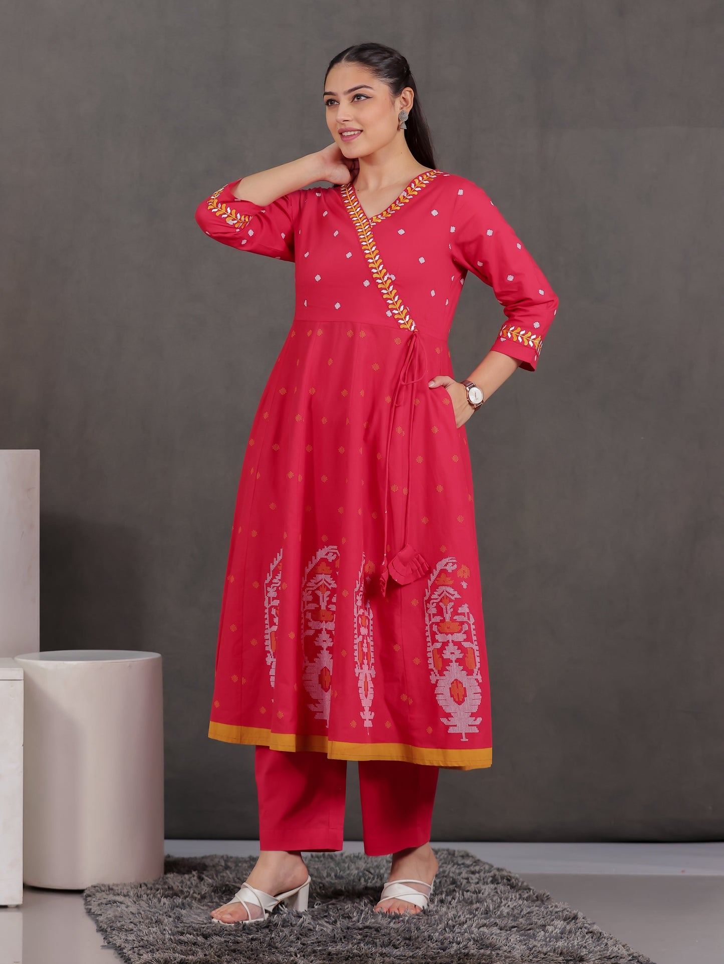 Embroidered Soft Cotton Geometric Angrakha Red Kurta