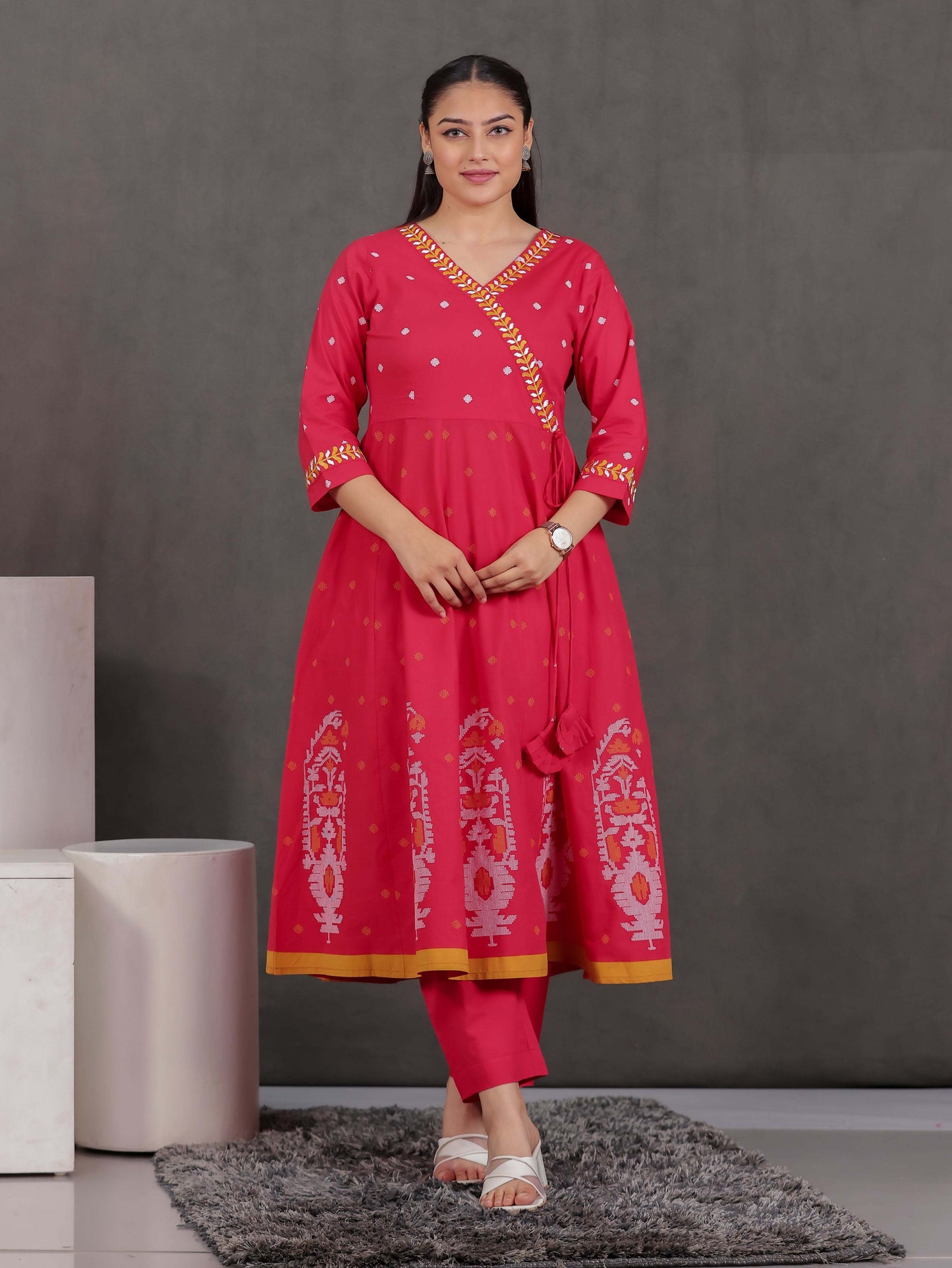 Embroidered Soft Cotton Geometric Angrakha Red Kurta