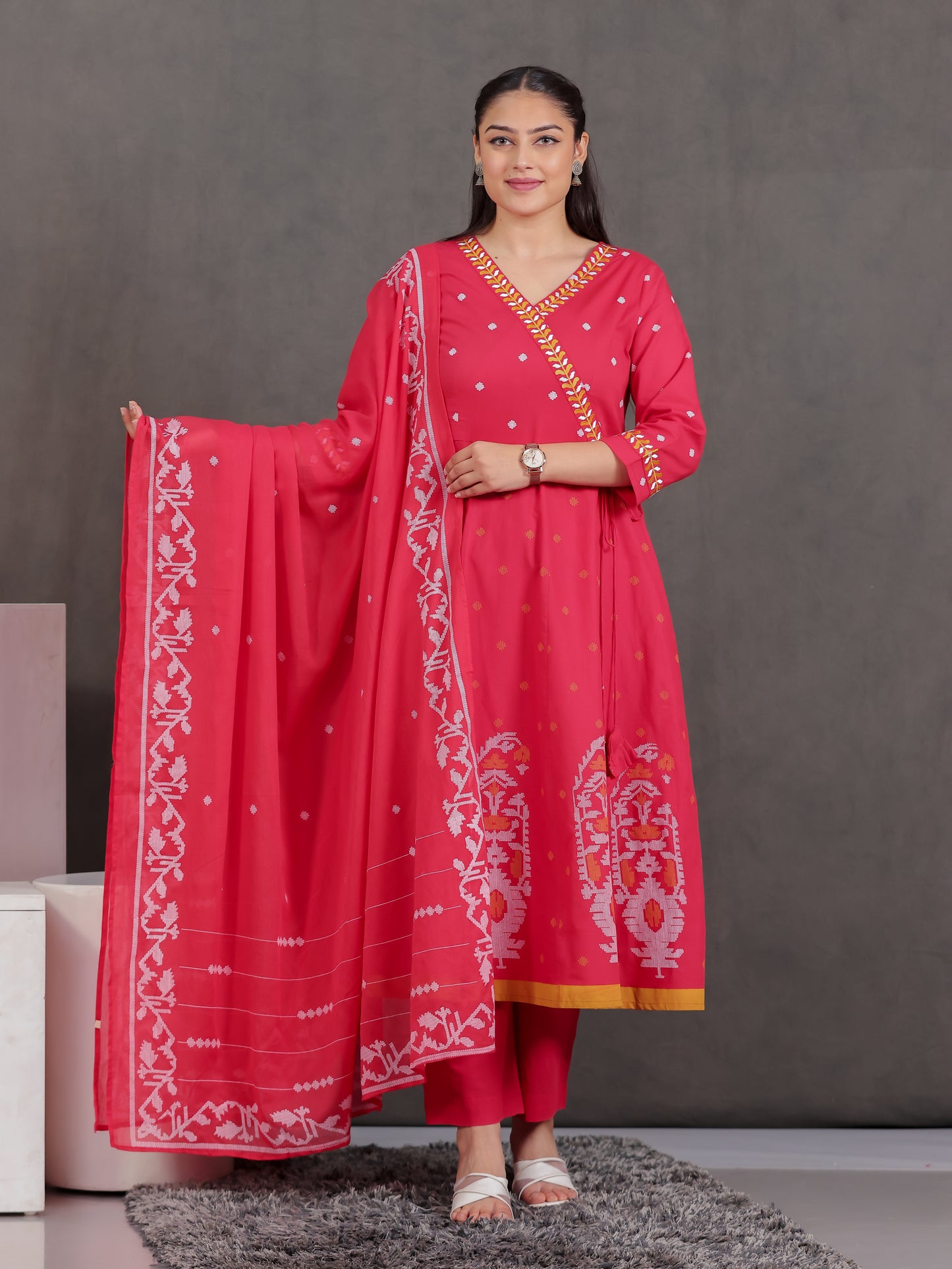 Embroidered Soft Cotton Geometric Angrakha Red Kurta