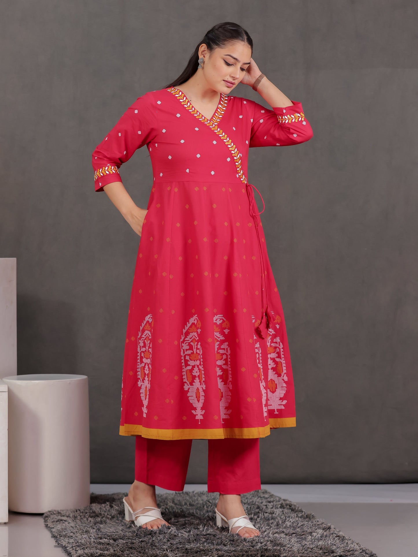 Embroidered Soft Cotton Geometric Angrakha Red Kurta