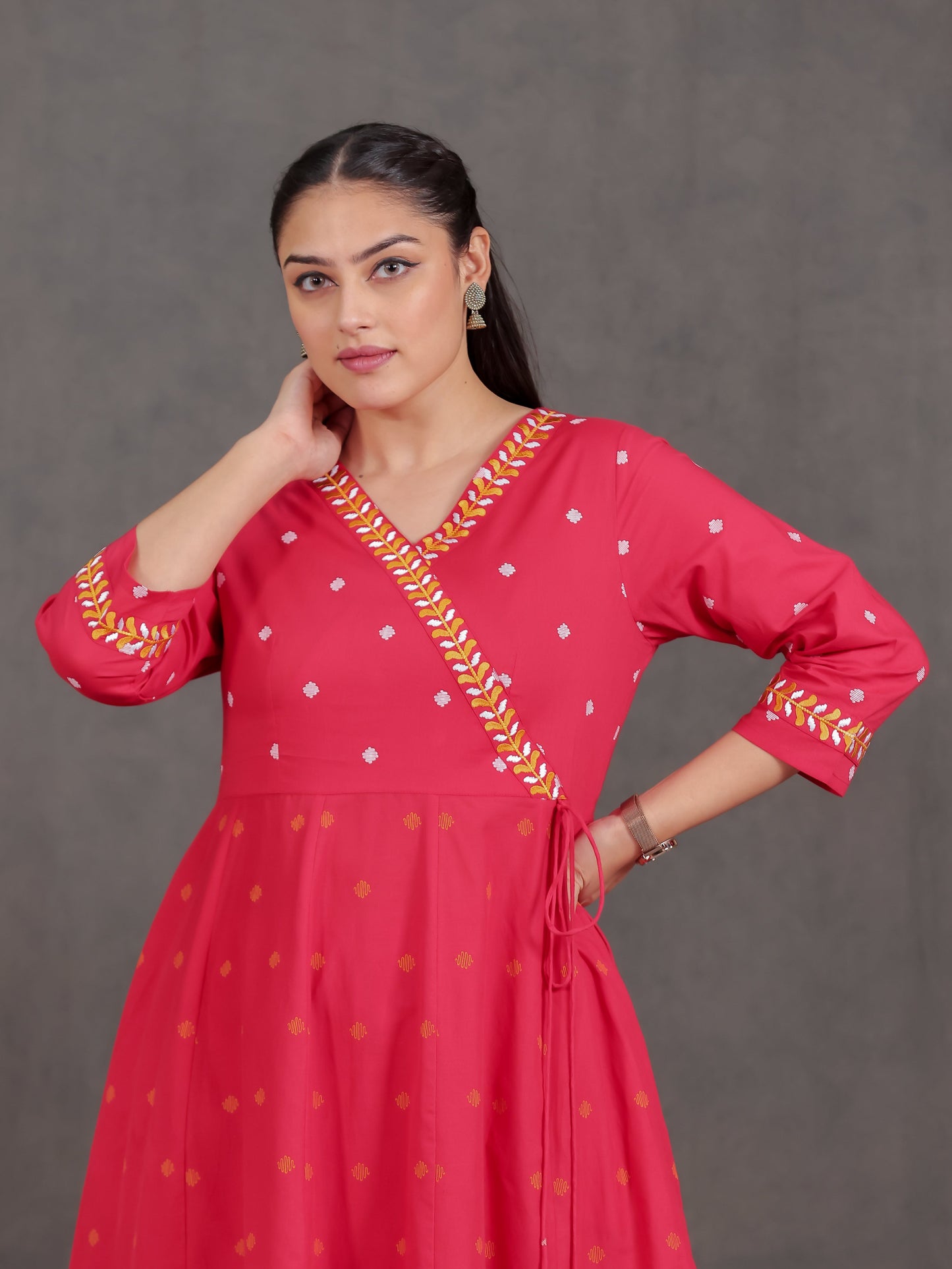 Embroidered Soft Cotton Geometric Angrakha Red Kurta