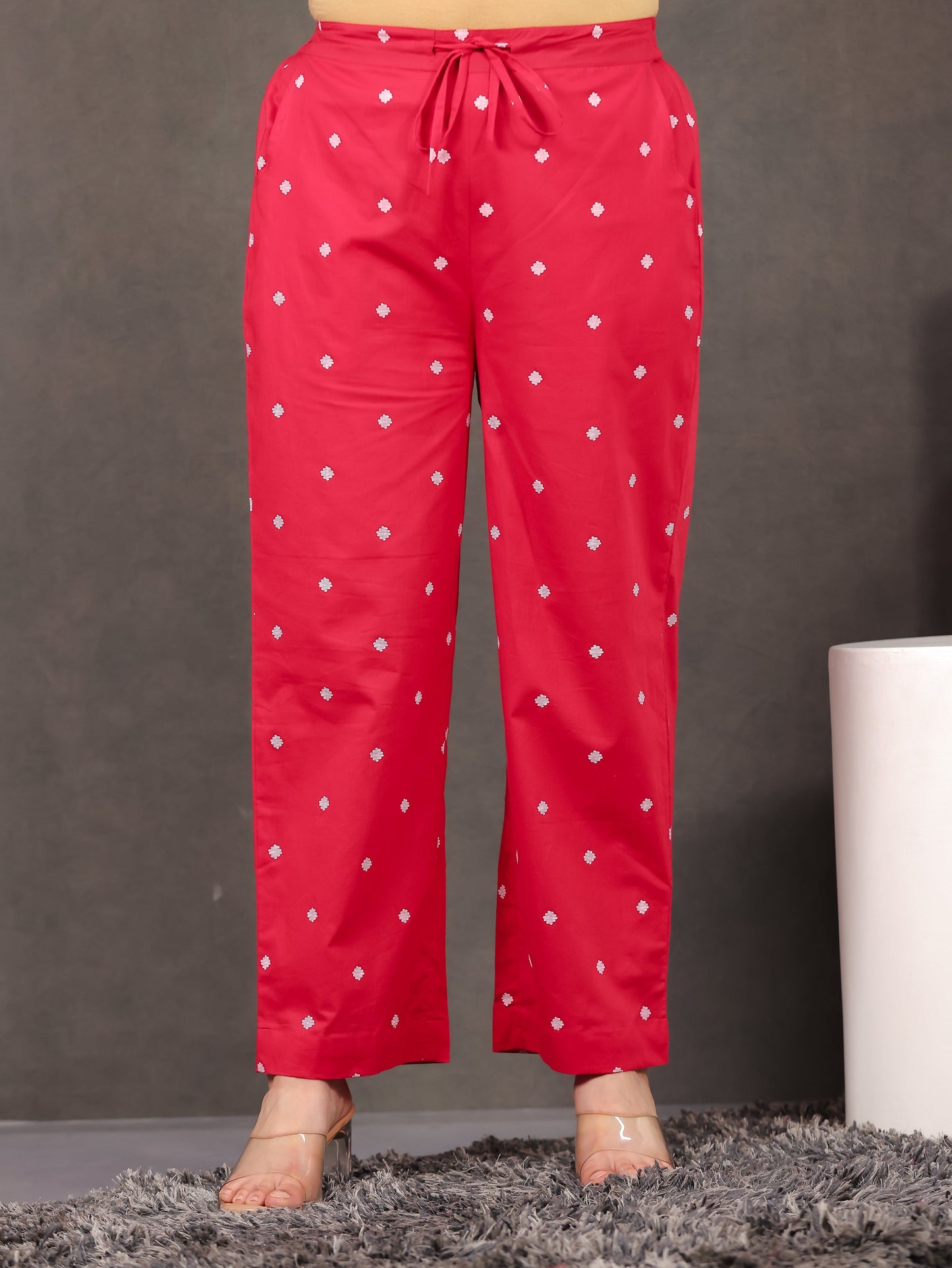 Soft Cotton Geometric Red Straight Trousers