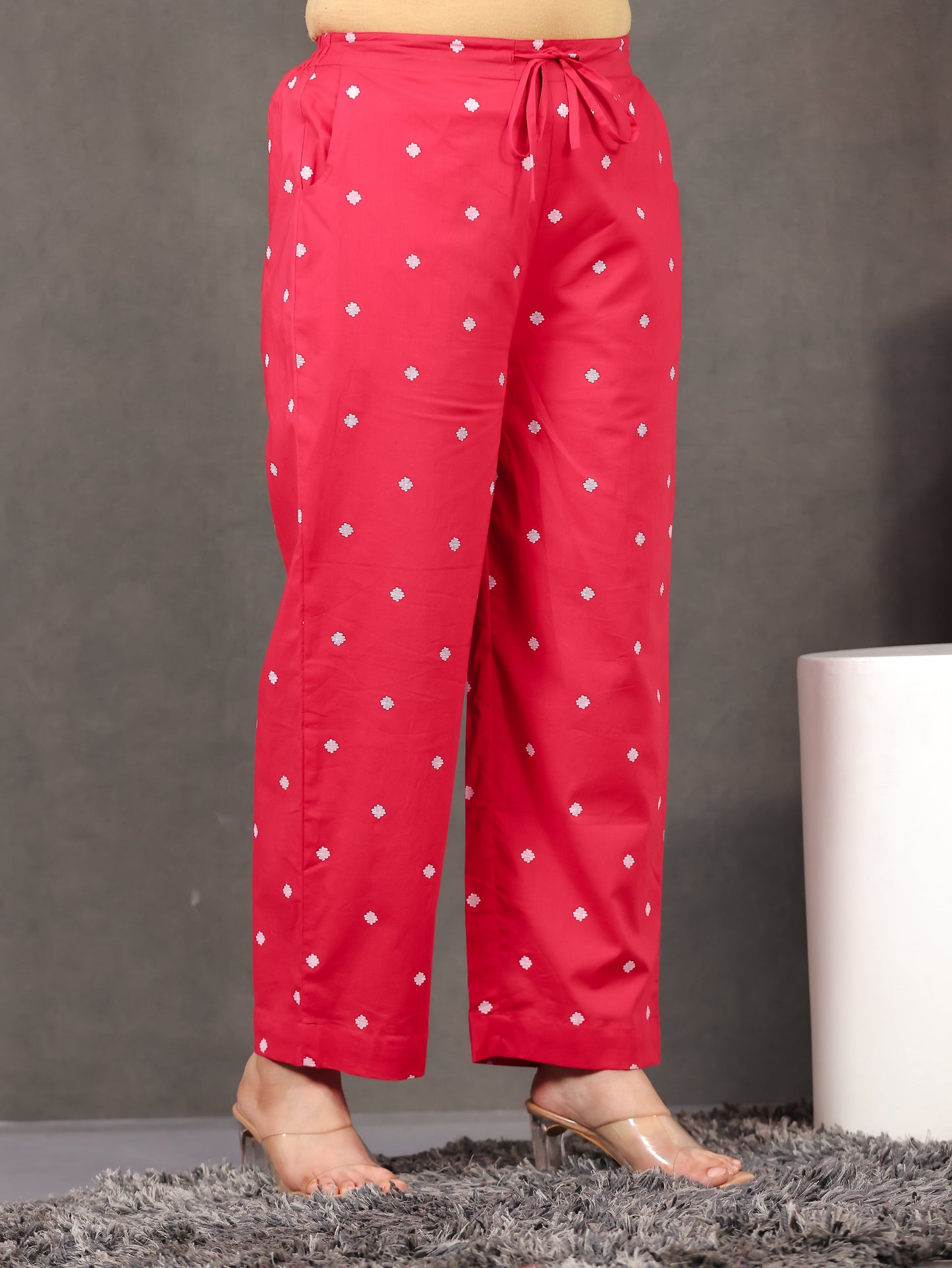Soft Cotton Geometric Red Straight Trousers
