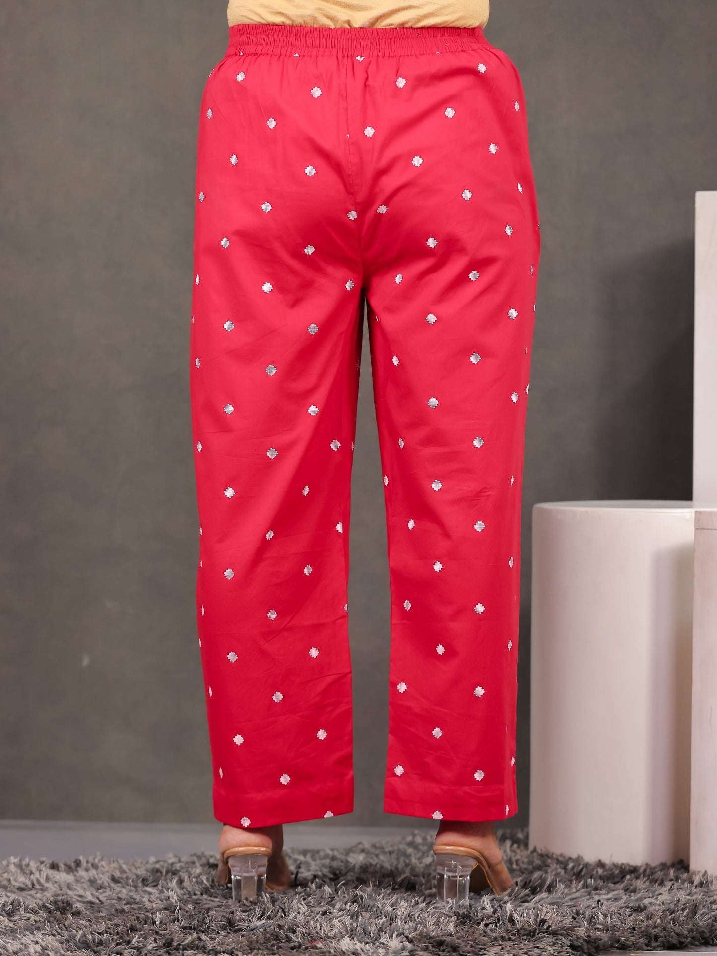 Soft Cotton Geometric Red Straight Trousers