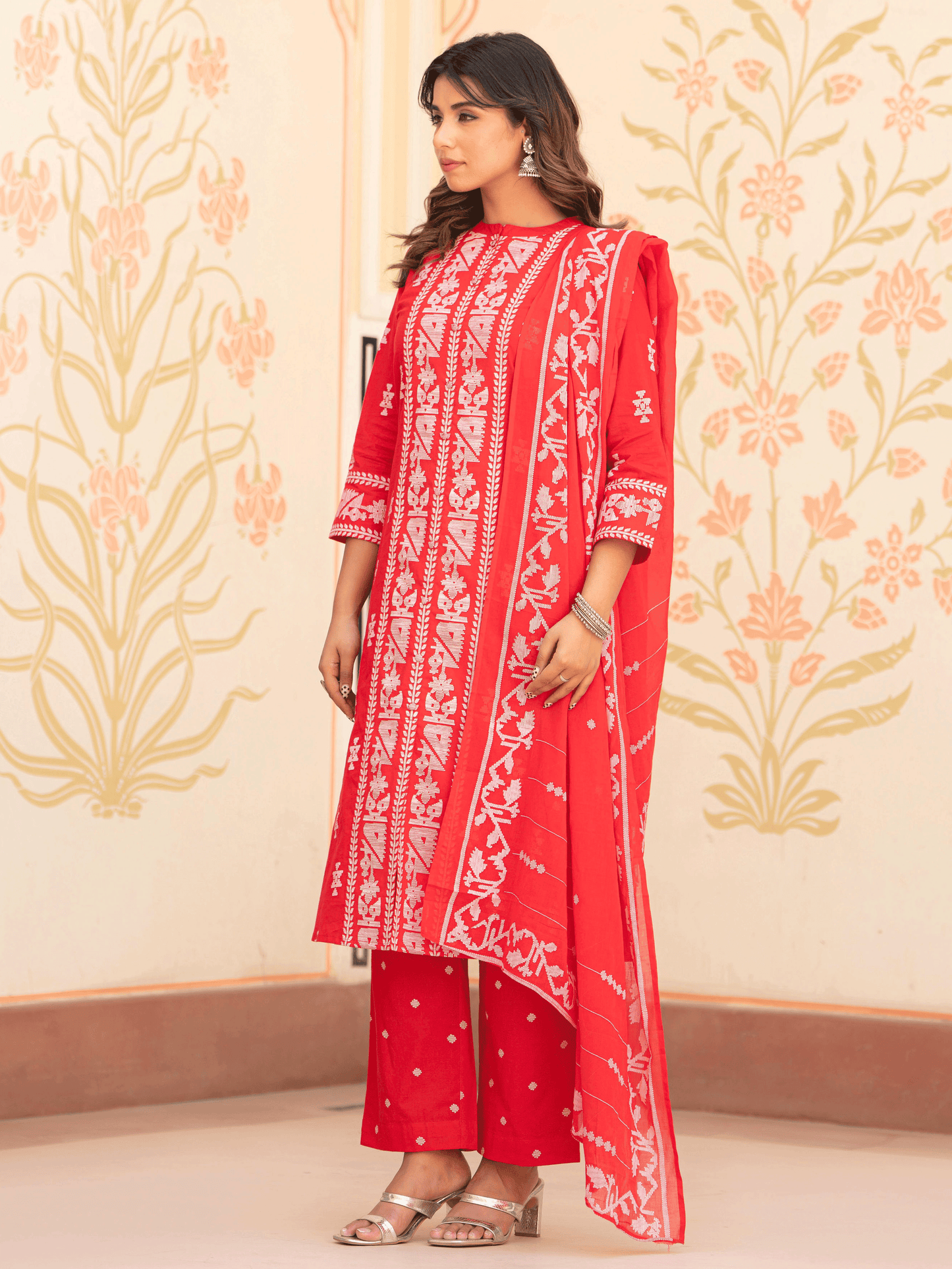 Soft Cotton Geometric Straight Red Kurta