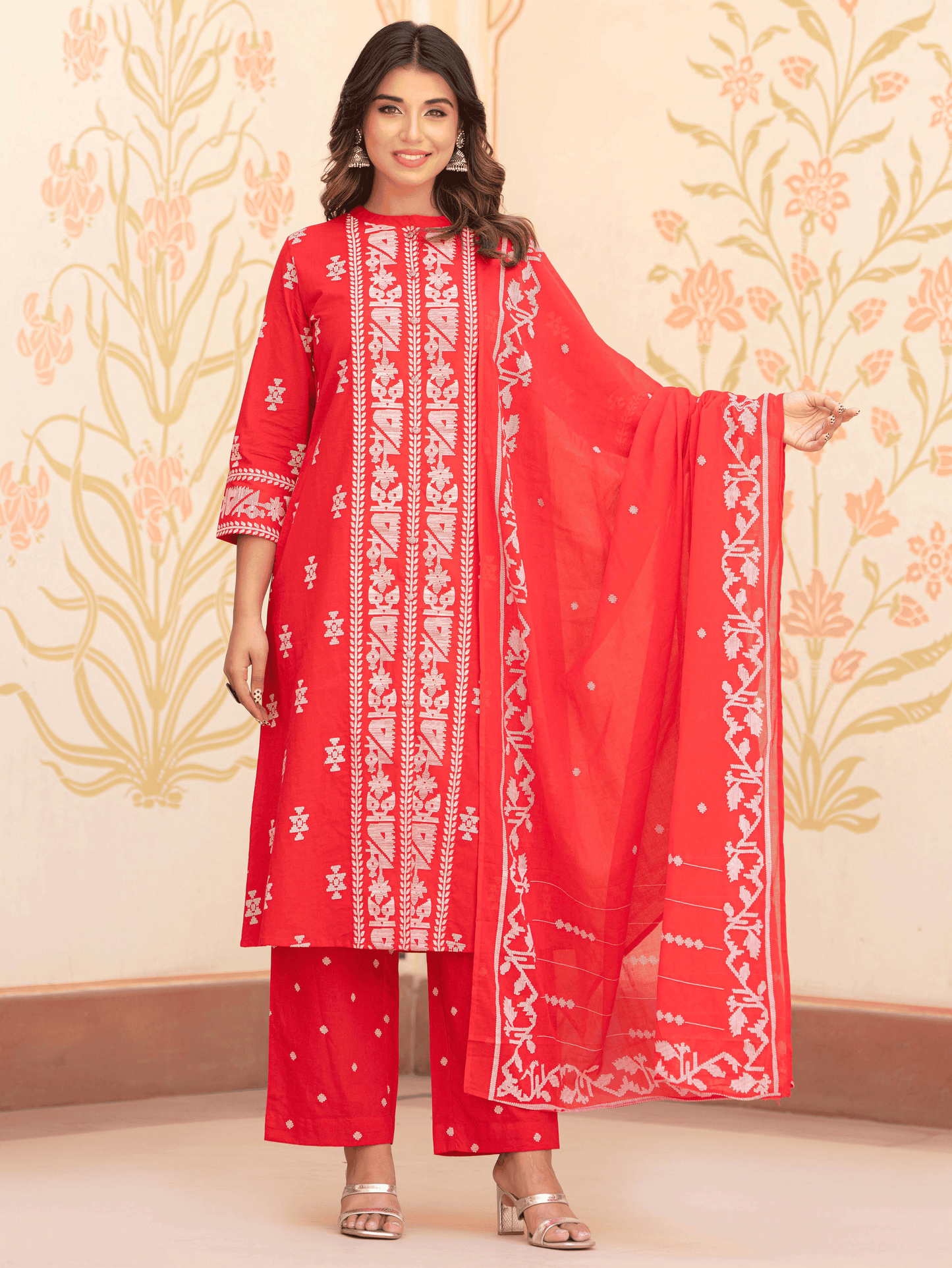 Soft Cotton Geometric Straight Red Kurta