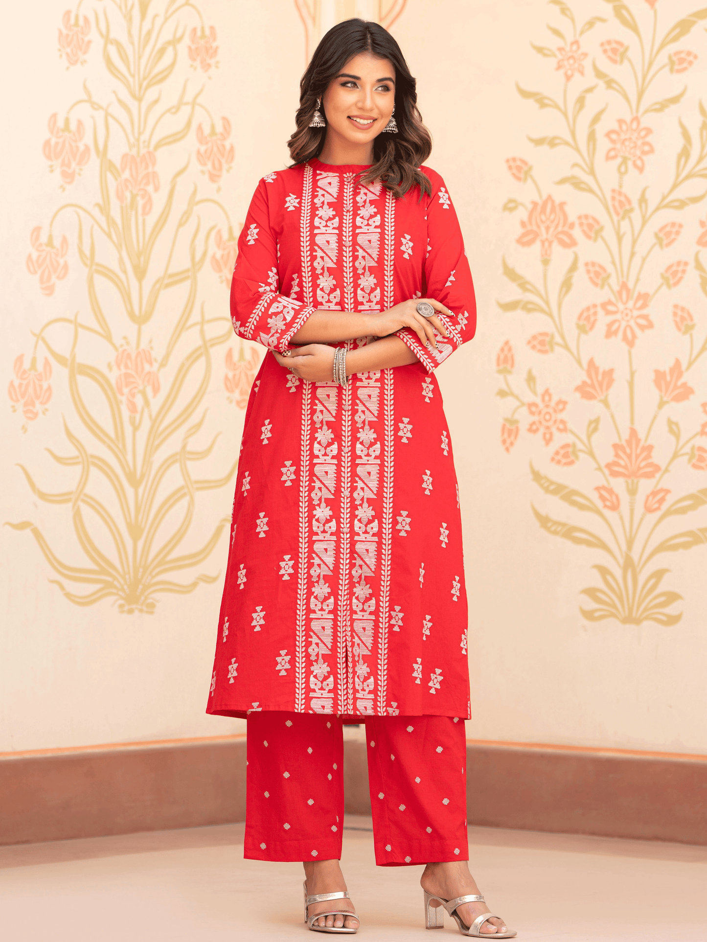 Soft Cotton Geometric Straight Red Kurta