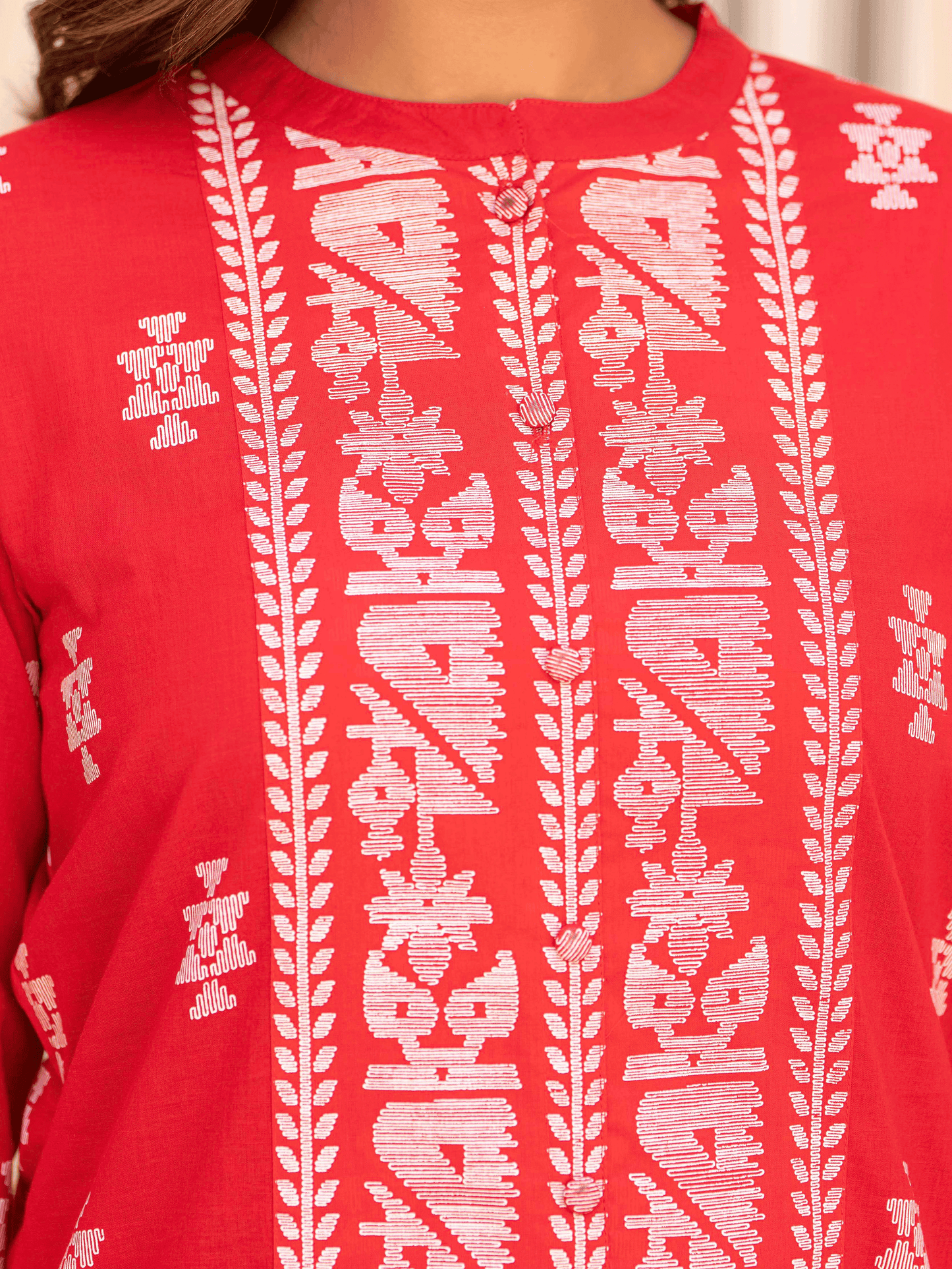 Soft Cotton Geometric Straight Red Kurta
