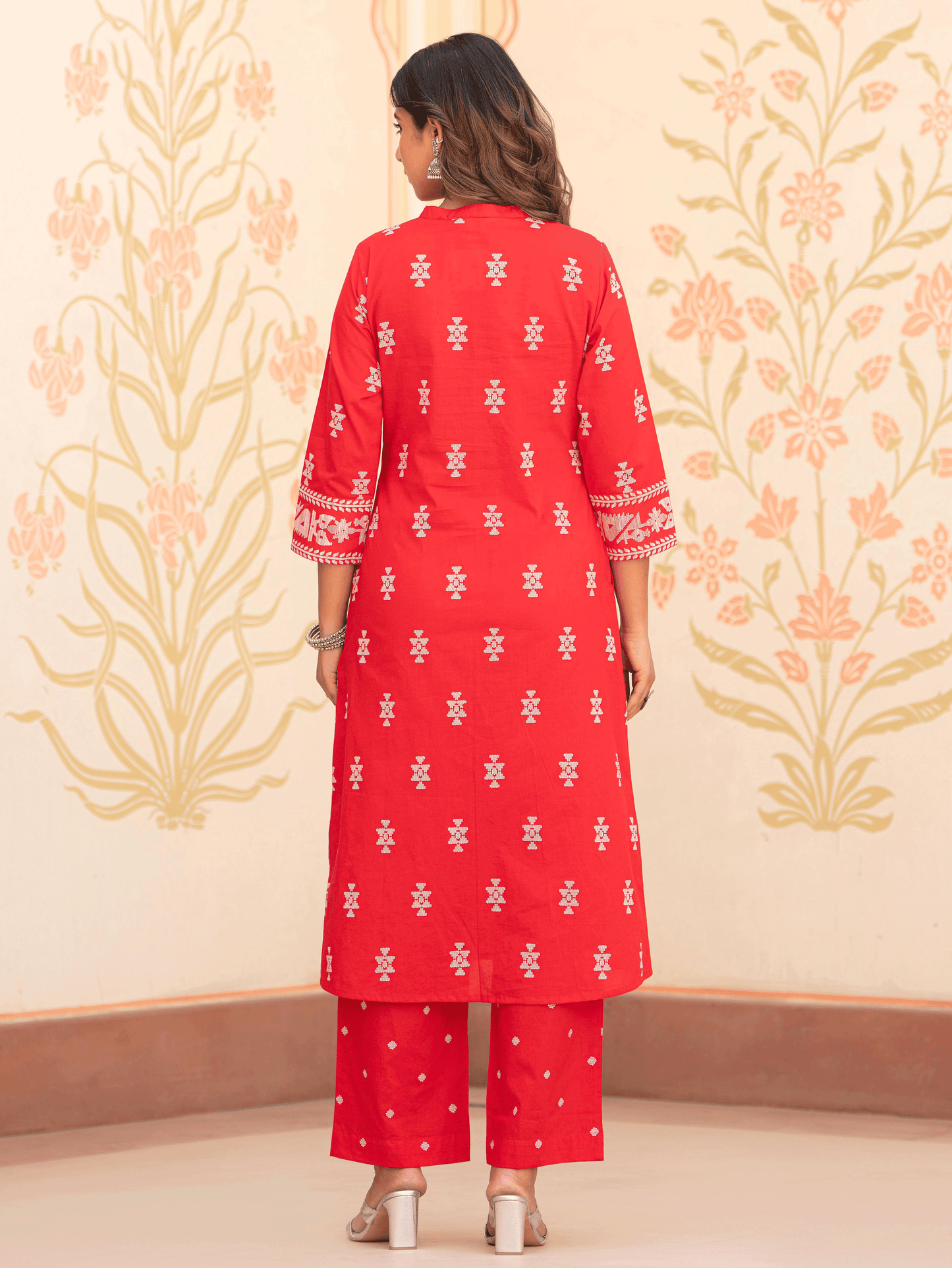 Soft Cotton Geometric Straight Red Kurta