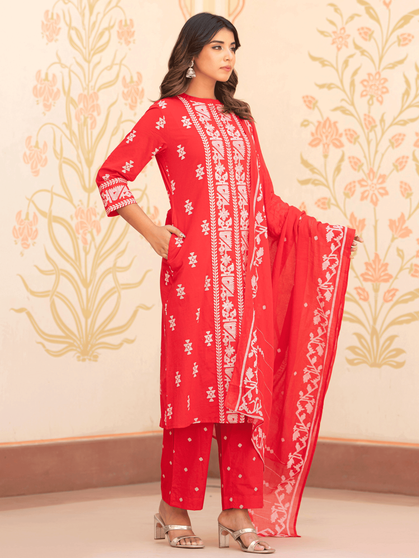 Soft Cotton Geometric Straight Red Kurta