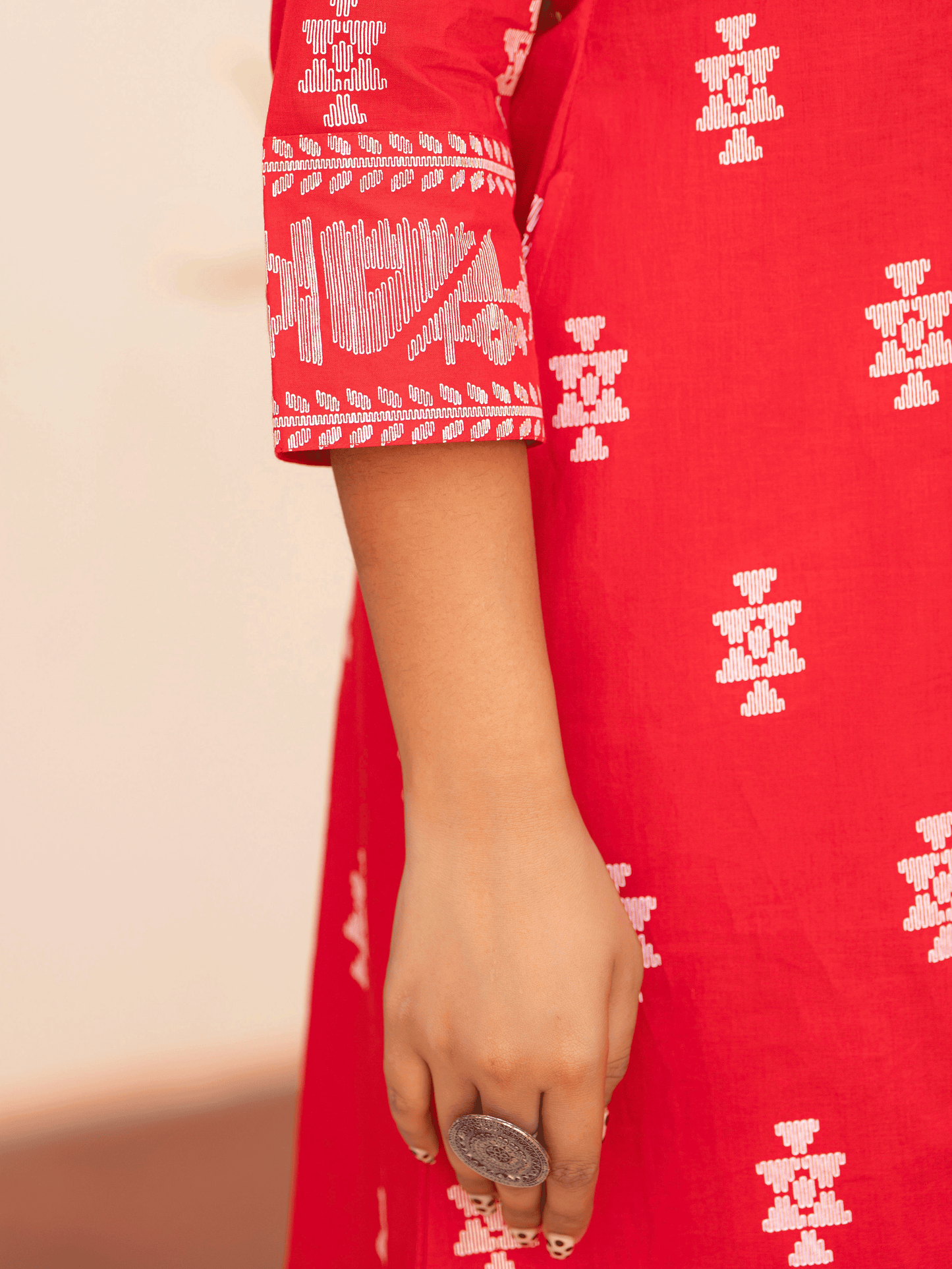 Soft Cotton Geometric Straight Red Kurta