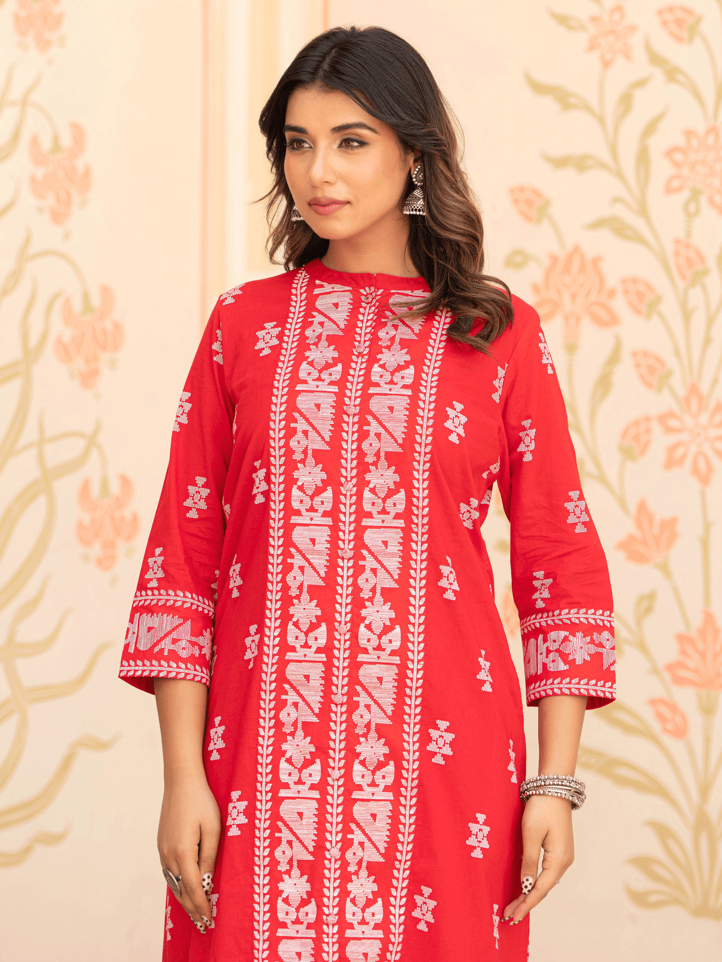 Soft Cotton Geometric Straight Red Kurta