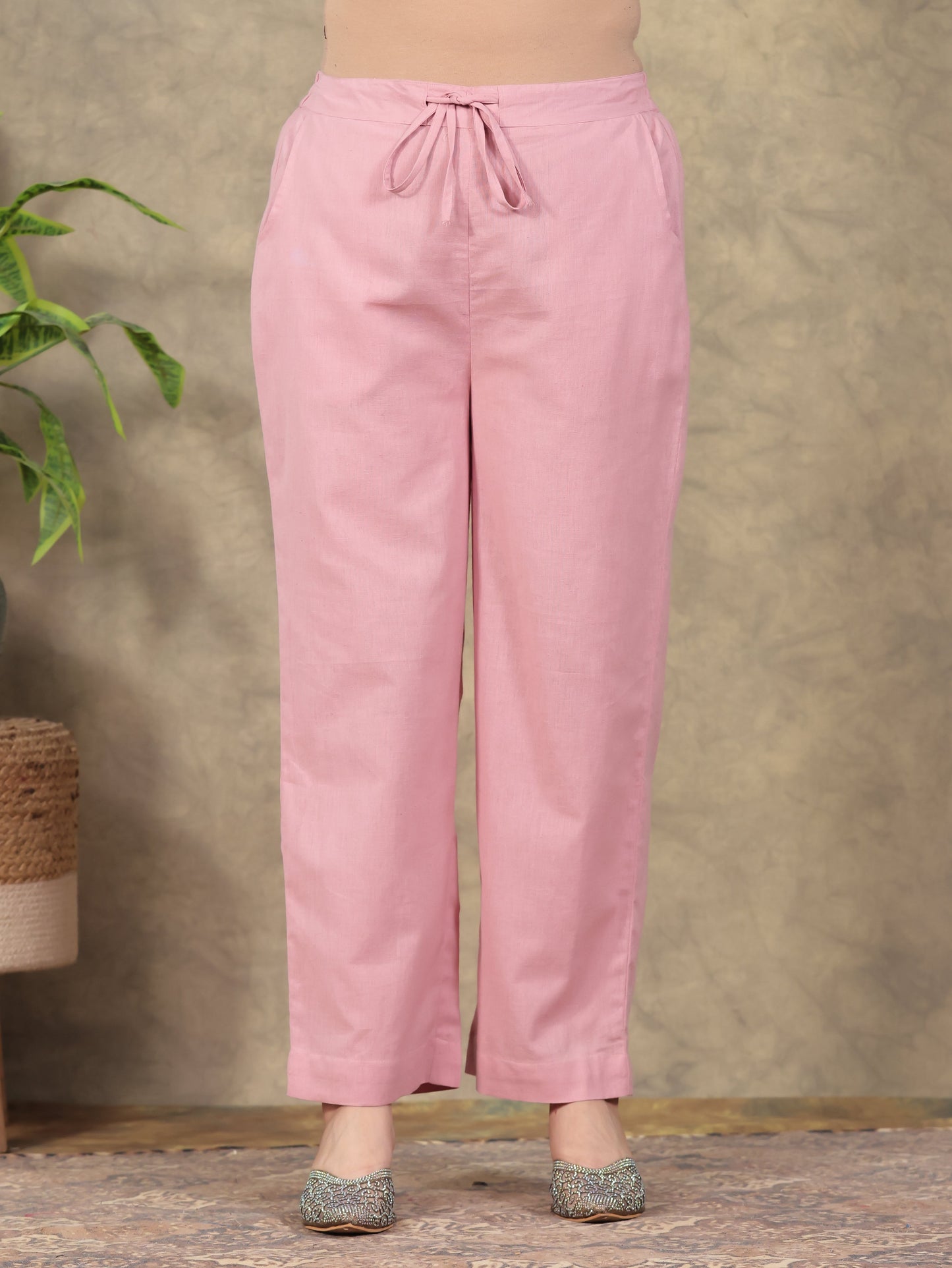 Linen Cotton Solid Peach Straight Trousers